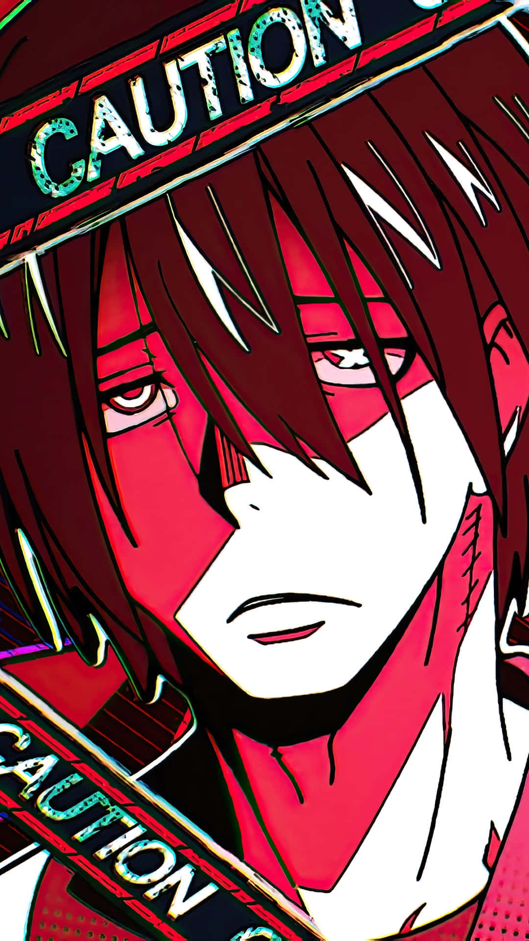 Fire Force Joker 桌布 壁紙 — 一個風格化的動漫角色，擁有紅髮和銳利的眼神，被鮮豔霓虹色的醒目警告標誌所框住。