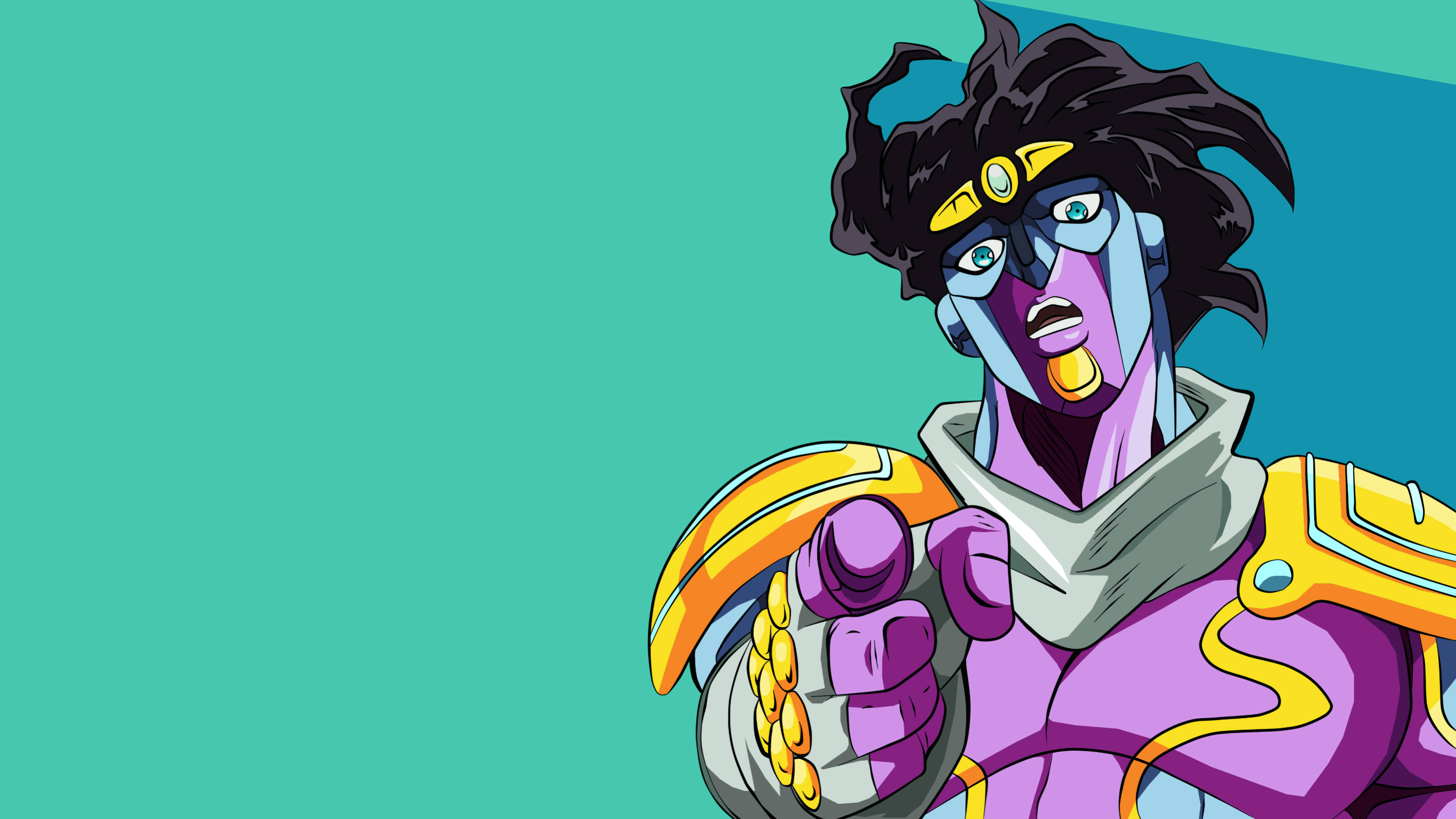 jojo 4K 桌布 壁紙 — 一個風格化的動漫角色，擁有紫色皮膚和狂野的黑髮，在青綠色背景前指向前方。