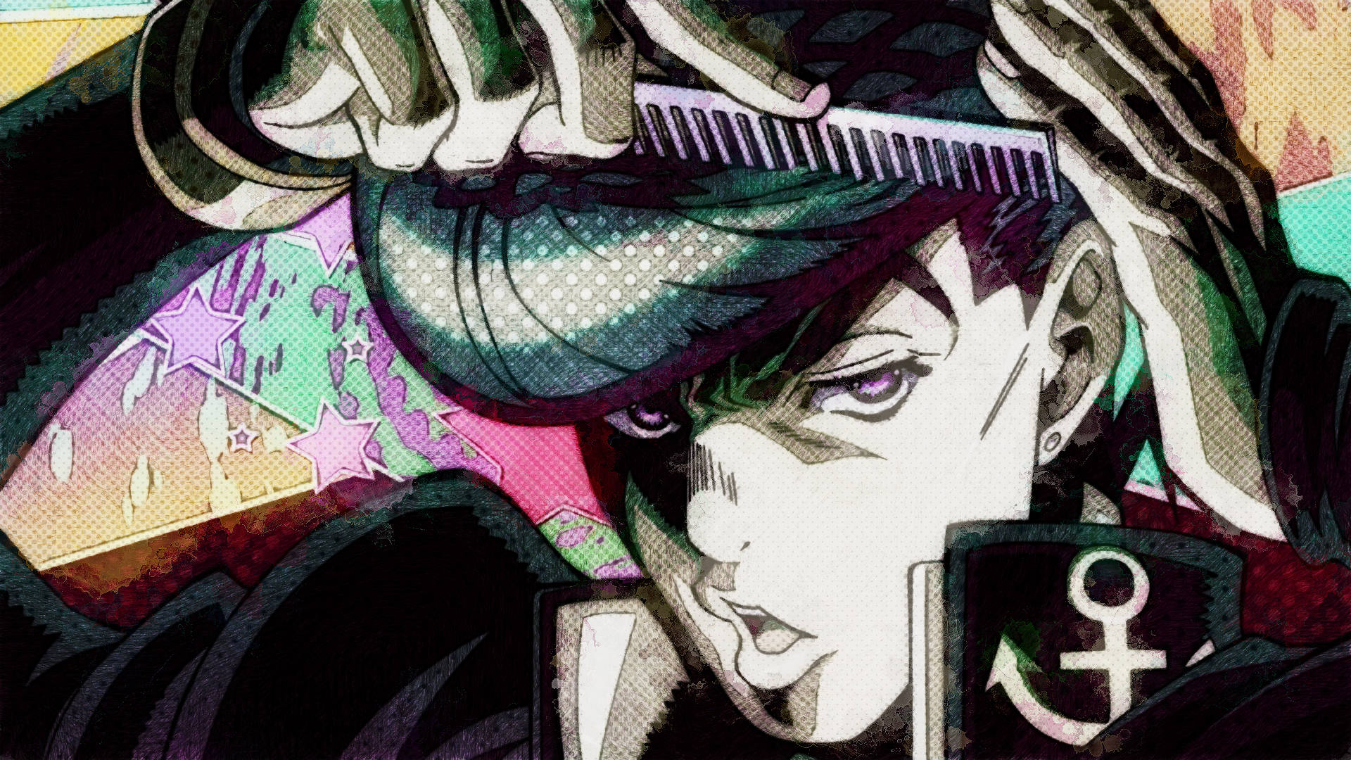 Josuke 桌布 壁紙 — 一個風格化的動漫角色，擁有紫色眼睛和綠色頭髮，在充滿活力的抽象背景前梳理頭髮。
