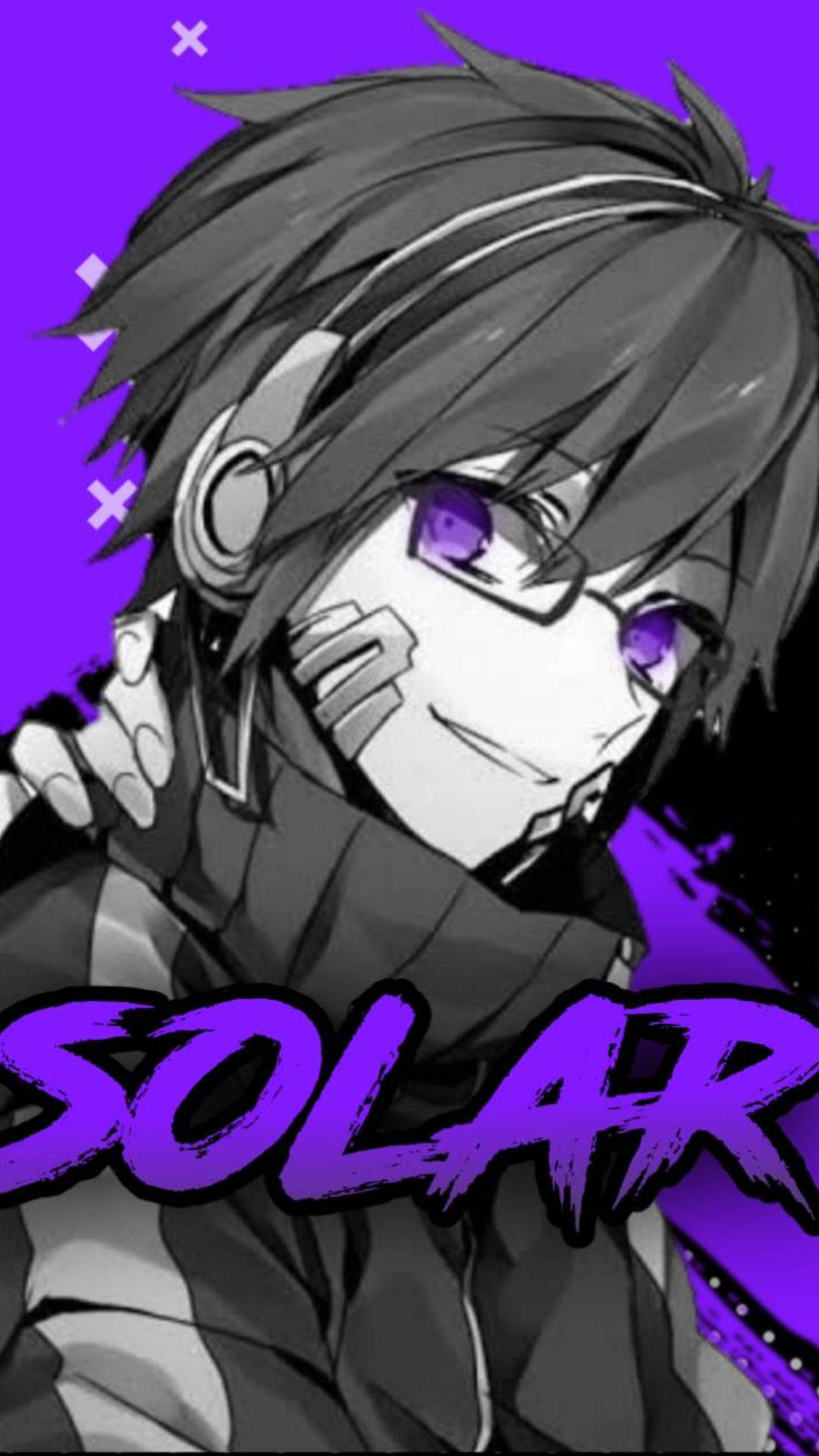 Aesthetic Anime Pfp 桌布 壁紙 — 一個風格化的動漫角色，擁有紫色眼睛和耳機，在充滿活力的紫色背景上微笑，背景上有「SOLAR」字樣。