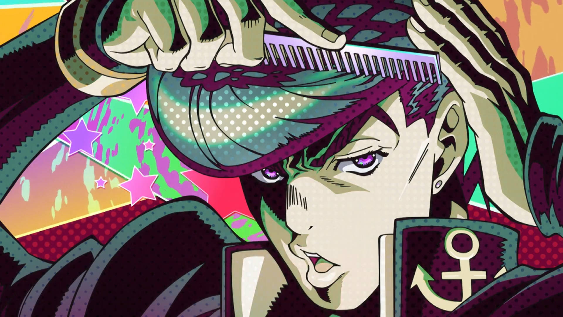 jojo 4K 桌布 壁紙 — 一個風格化的動漫角色，擁有紫色眼睛和綠色頭髮，在充滿活力的普普藝術背景前用梳子梳理頭髮。
