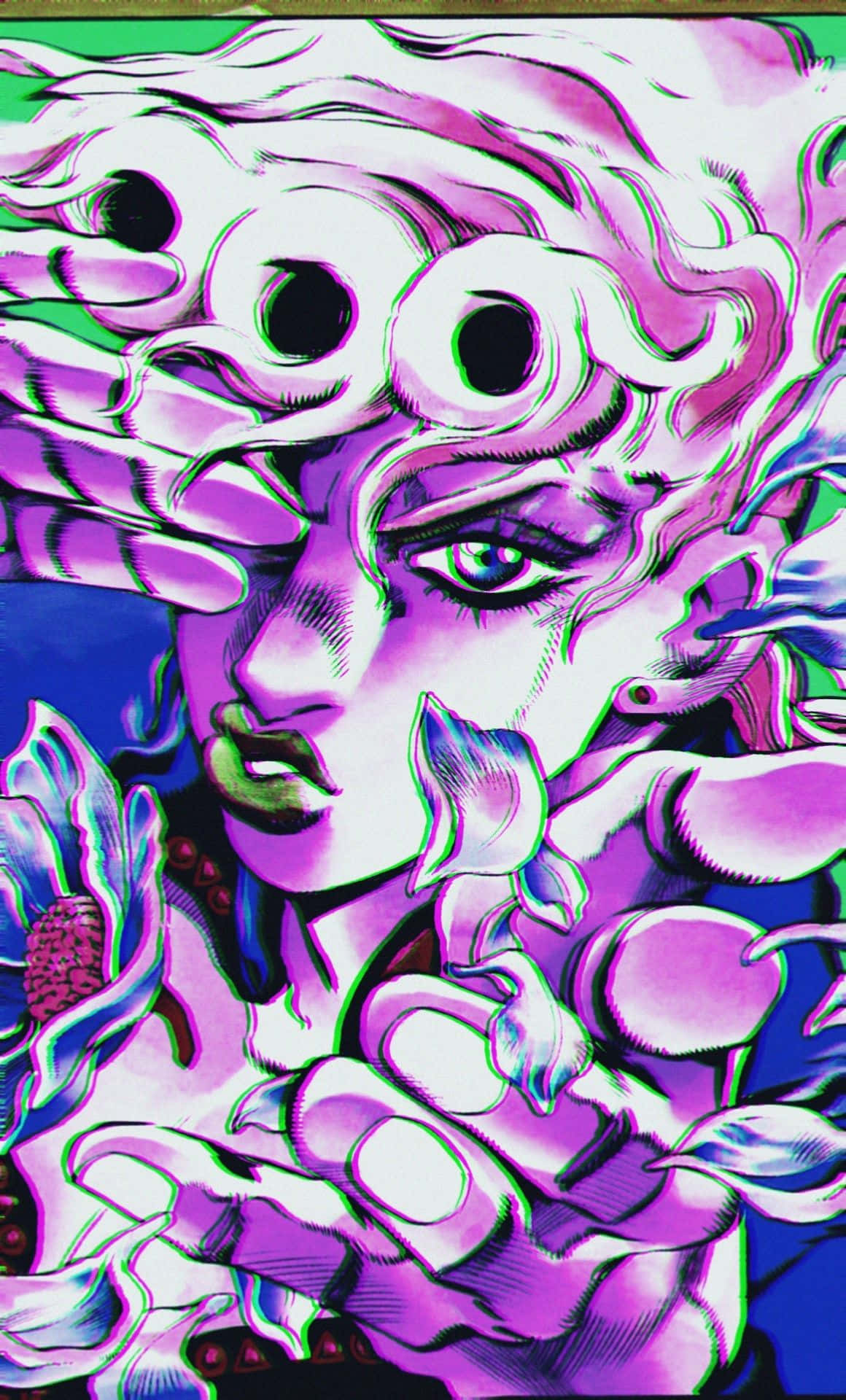 Jojo Manga 桌布 壁紙 — 一個風格化的動漫角色，擁有紫色頭髮和發光的眼睛，被超現實的漂浮手和花瓣包圍。