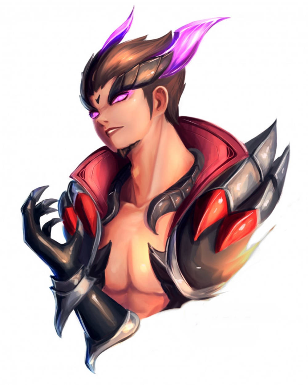 Mobile Legends 動態圖 桌布 壁紙 — 一個風格化的動漫角色，擁有紫色頭髮和發光的眼睛，穿著紅色和黑色的盔甲，帶有爪狀手套。
