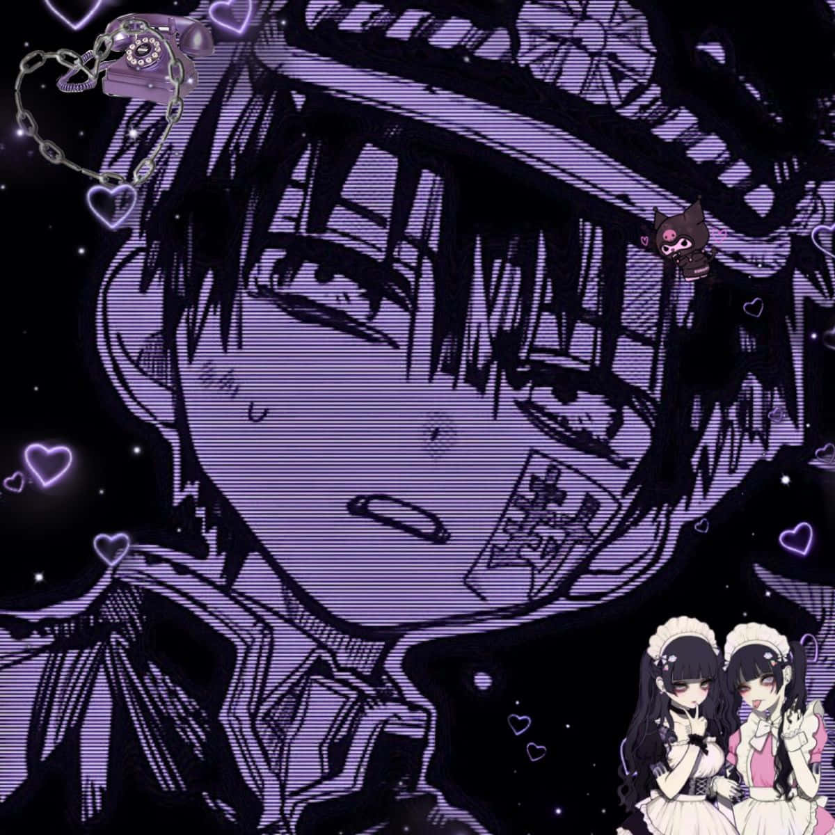 hanako 桌布 壁紙 — 一個風格化的動漫角色，擁有紫色頭髮和帽子，被心形和小貓圍繞，背景是星空夜晚。