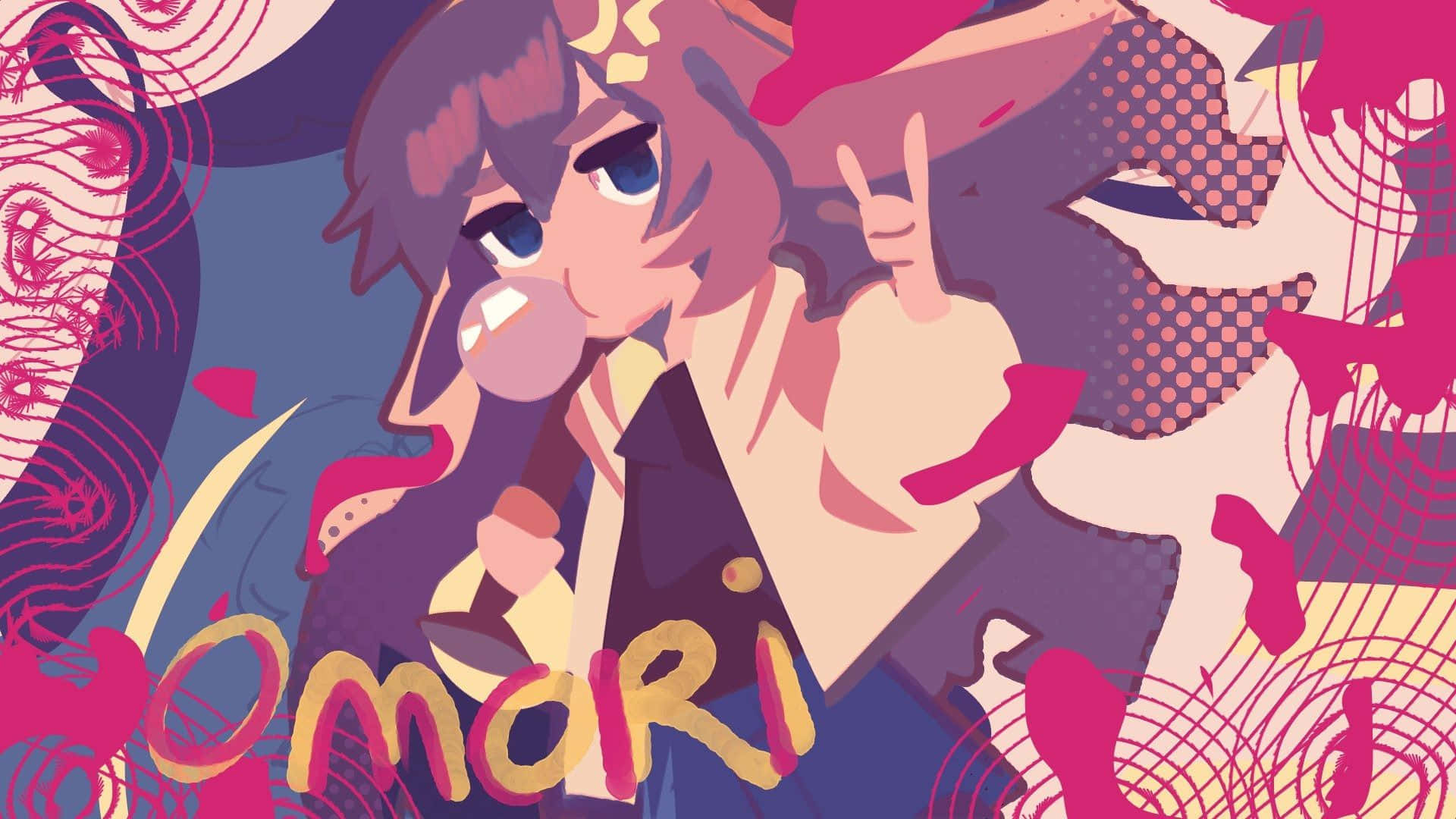 動漫角色在色彩繽紛的抽象藝術中吹泡泡糖並做出和平手勢。 — Omori GIF 壁紙