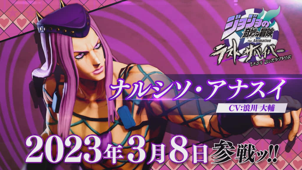 Narciso Anasui 桌布 壁紙 — 一個風格化的動漫角色，擁有紫色頭髮和紫色帽子，站在帶有日語文字的旋轉紫色背景前。