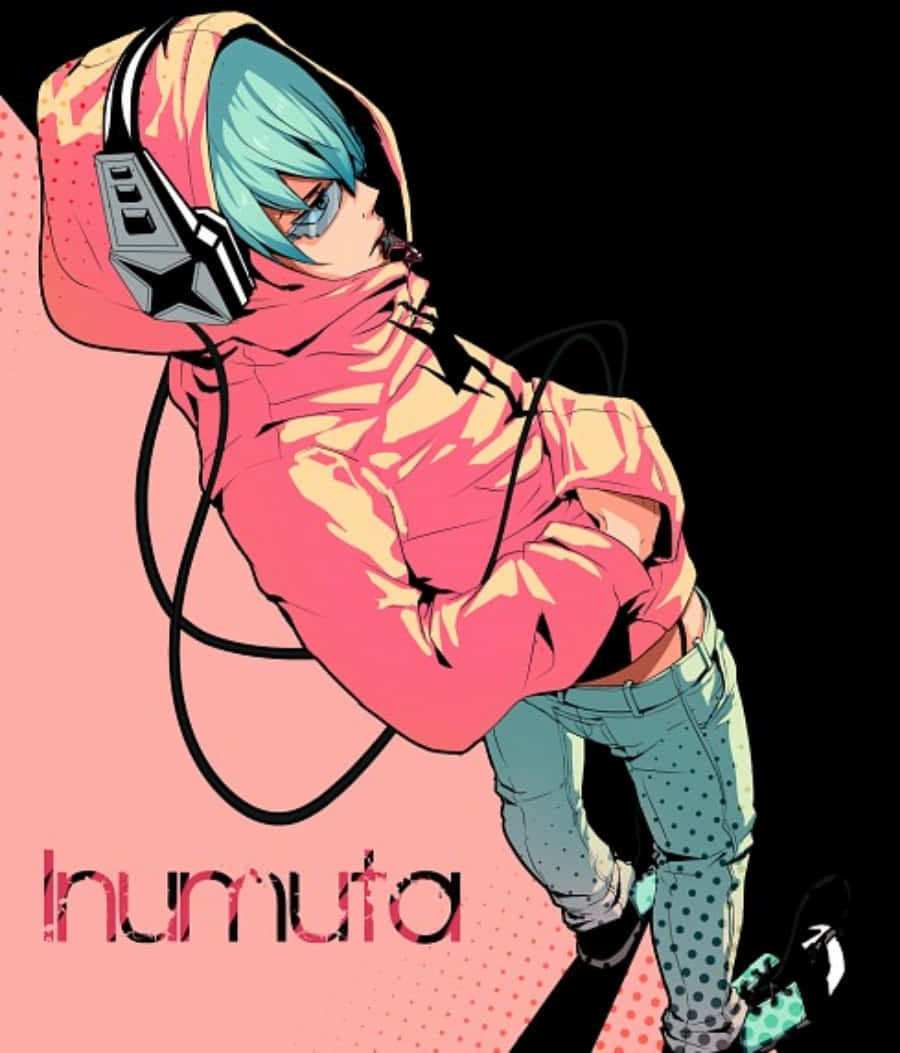 Houka Inumuta 桌布 壁紙 — 一個風格化的動漫角色，擁有綠松石色頭髮和粉紅色連帽衫，靠著粉紅色背景，戴著超大耳機。