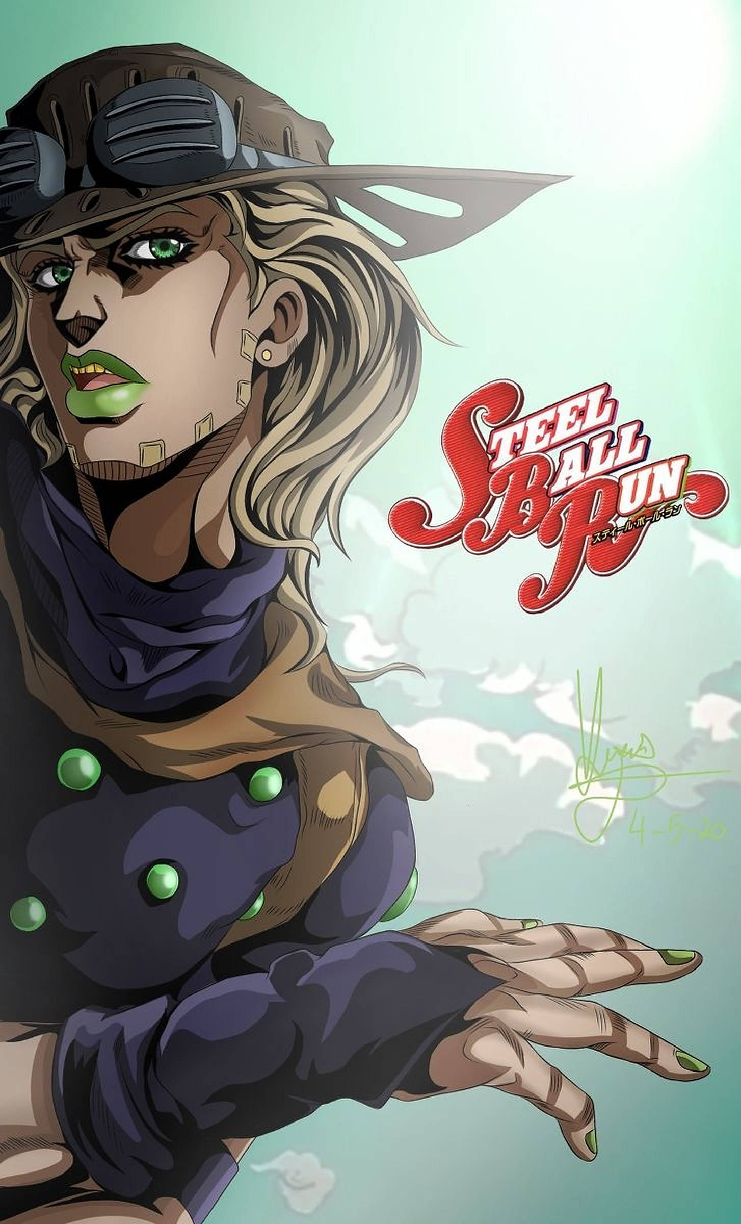 Gyro Zeppeli 桌布 壁紙 — 一個風格化的動漫角色，擁有綠色嘴唇和護目鏡，在柔和的青綠色天空下，帶有「Steel Ball Run」標誌，凝視著。