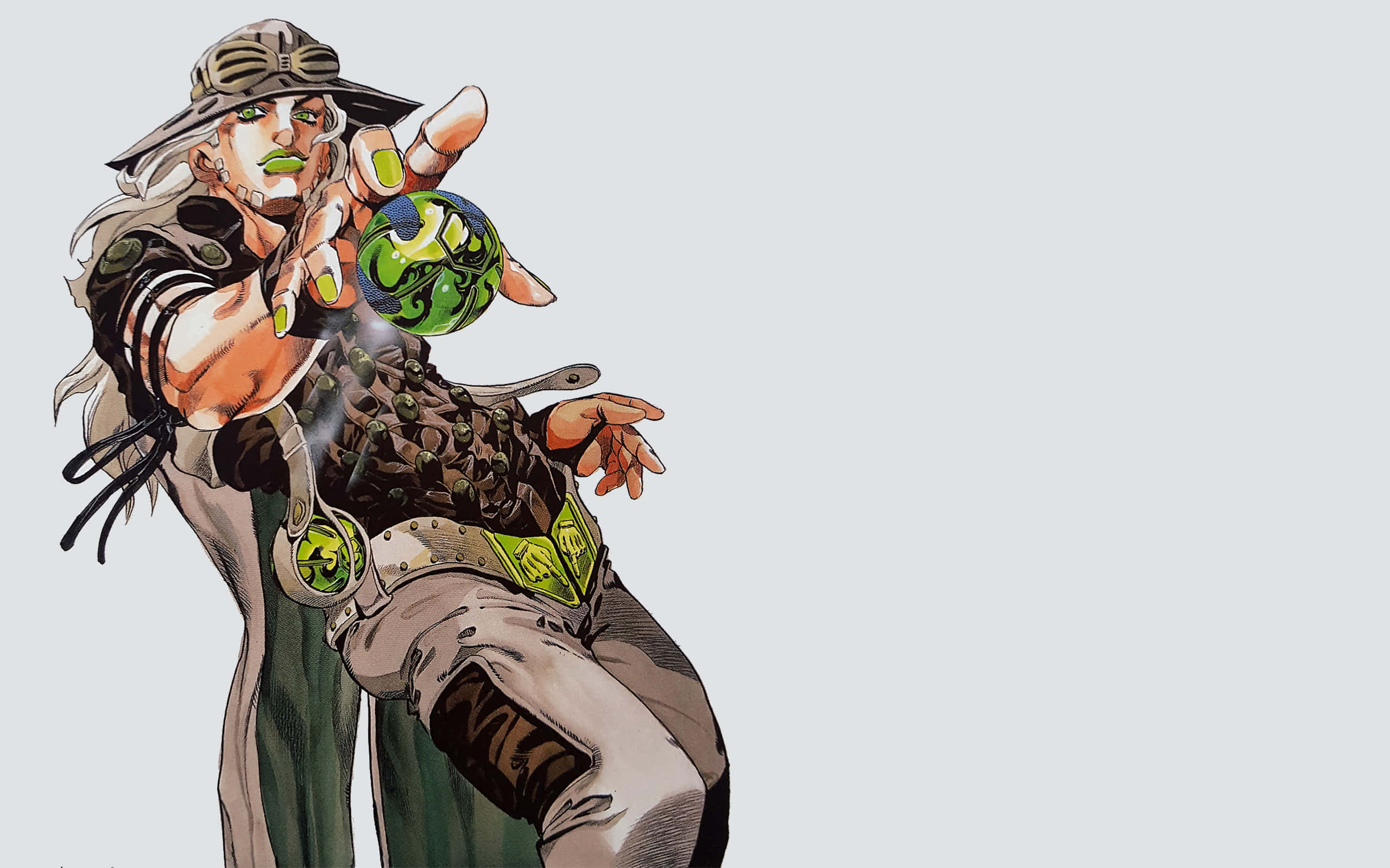 Jojo Steel Ball Run 桌布 壁紙 — 一個風格化的動漫角色，擁有綠色指甲和帽子，在純淺灰色背景前手持發光的綠色球體。