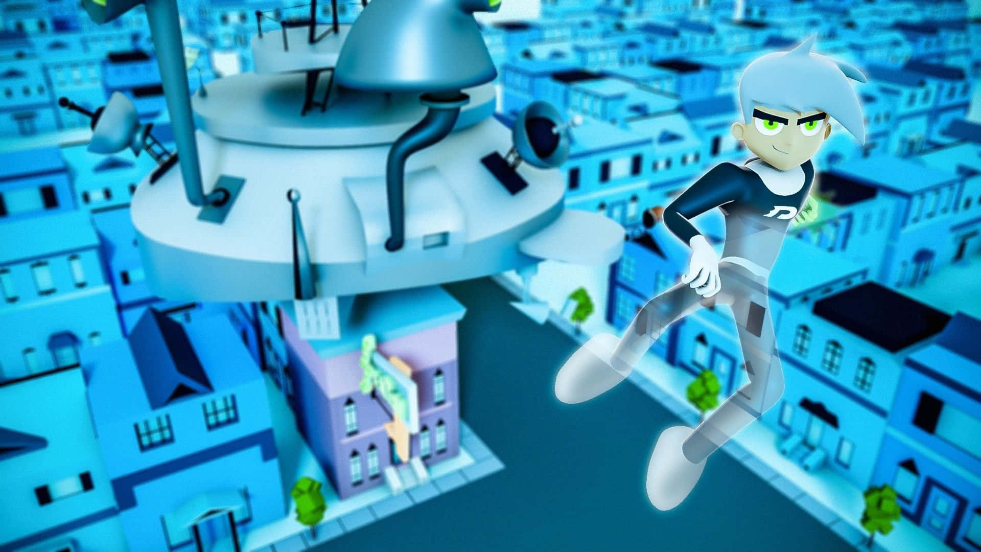 Danny Phantom 桌布 壁紙 — 一個風格化的動漫角色，擁有綠色眼睛和白色頭髮，在由方塊狀建築組成的藍色城市景觀上方動態跳躍。