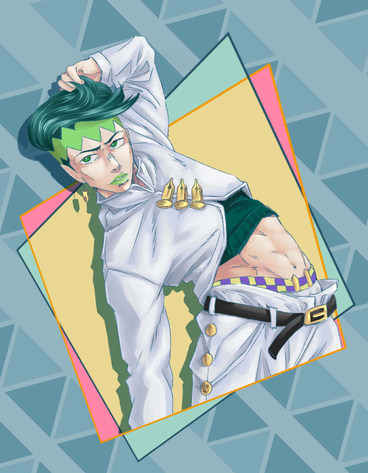 Rohan Kishibe 桌布 壁紙 — 一個風格化的動漫角色，擁有綠色頭髮和銳利的眼睛，在柔和色彩的幾何背景前自信地擺姿勢。