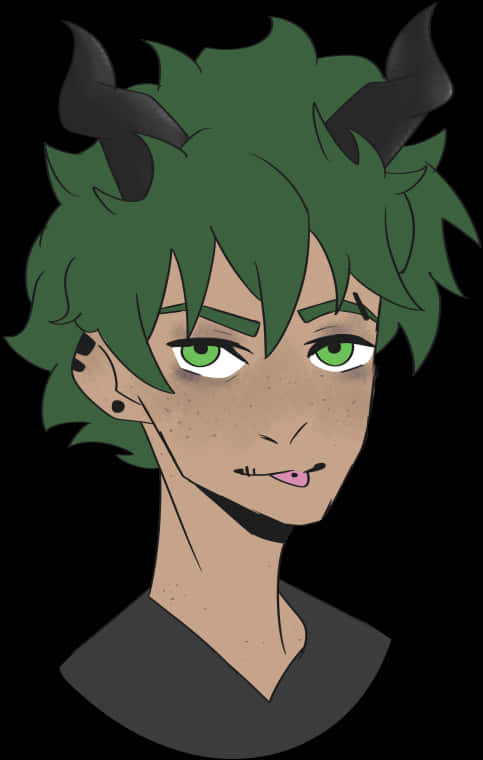 midoriya 桌布 壁紙 — 一個風格化的動漫角色，擁有綠色頭髮、角和銳利的綠色眼睛，在黑色背景前帶著微妙的笑意凝視。