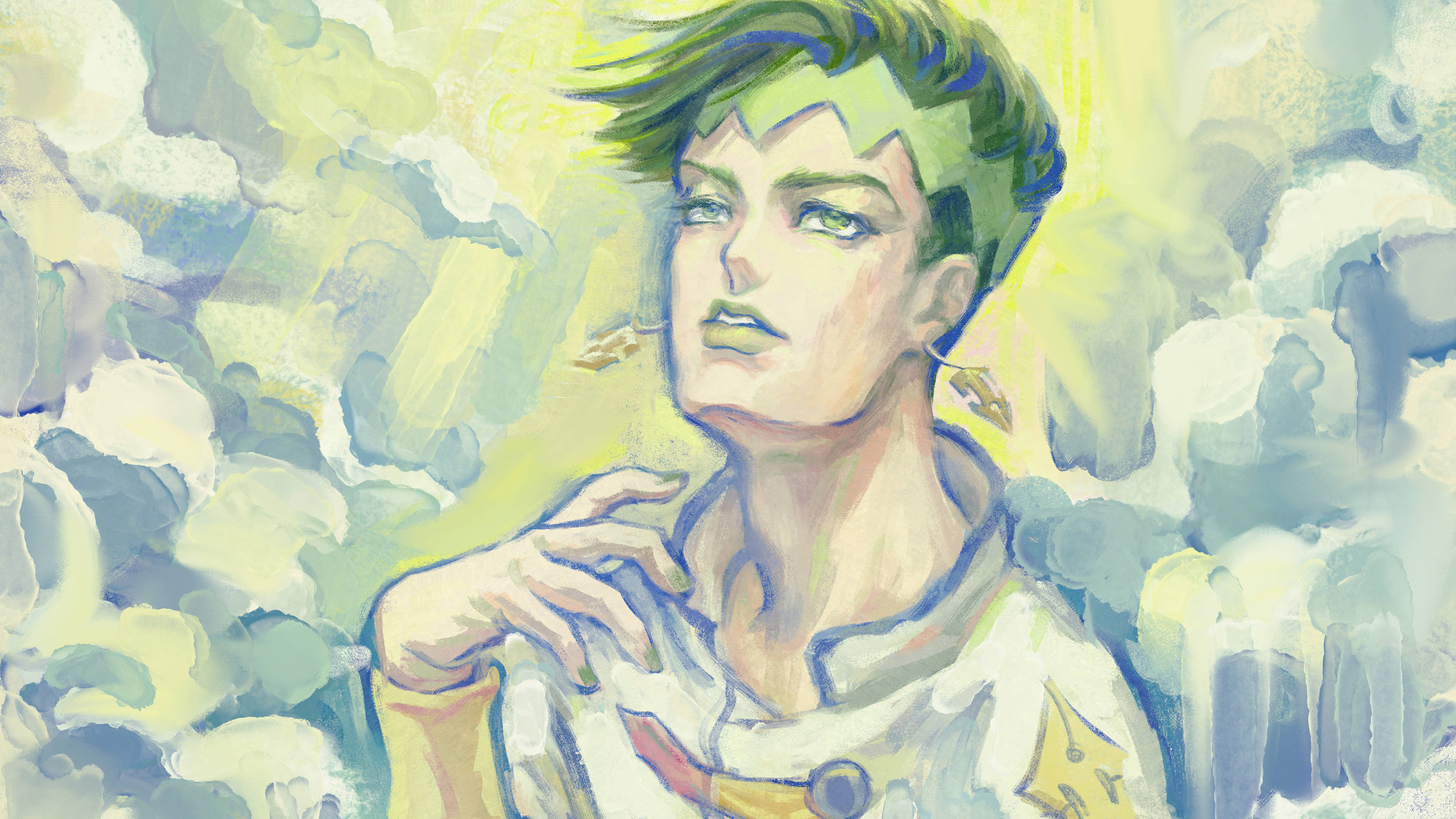 jojo 4K 桌布 壁紙 — 一個風格化的動漫角色，擁有綠色頭髮和強烈的目光，從旋轉的雲層中浮現，呈現出充滿活力的水彩插圖。