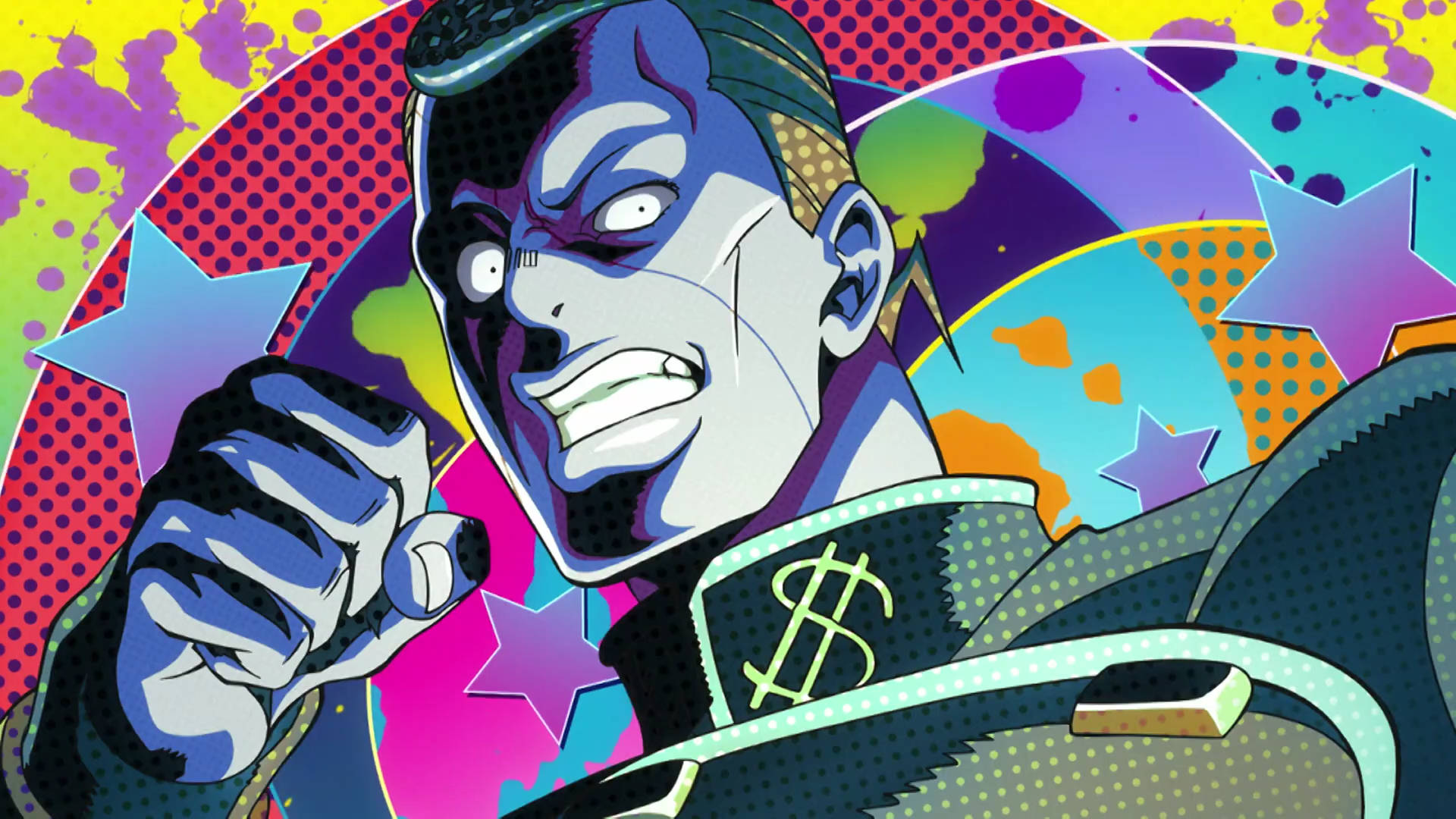 jojo 4K 桌布 壁紙 — 一個風格化的動漫角色，擁有藍色皮膚和一件帶有美元符號的夾克，在充滿星星和飛濺物的生動普普藝術背景前向前出拳。