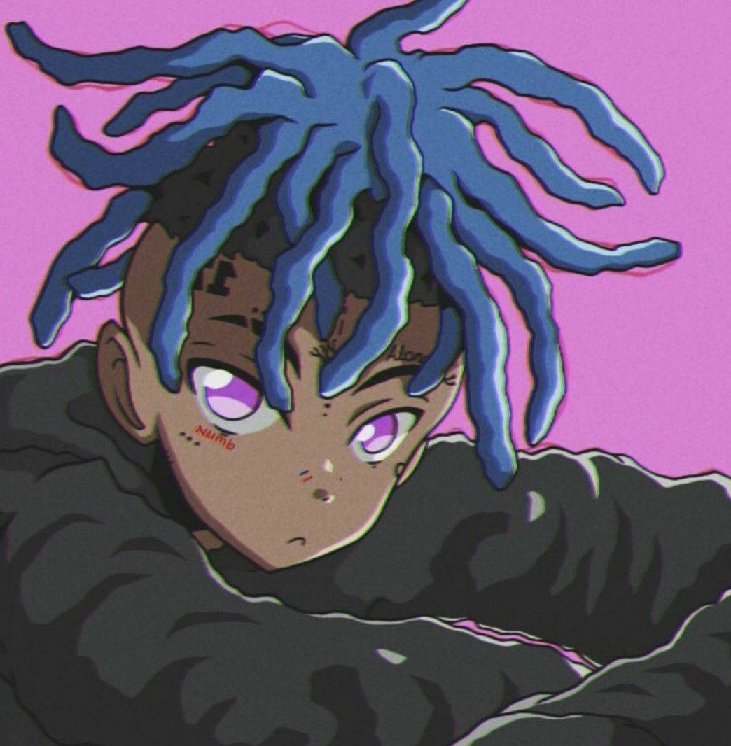 xxxtentacion 動畫 桌布 壁紙 — 一個風格化的動漫角色，擁有藍色辮子和紫色眼睛，穿著深色連帽衫，在充滿活力的粉紅色背景前休息。