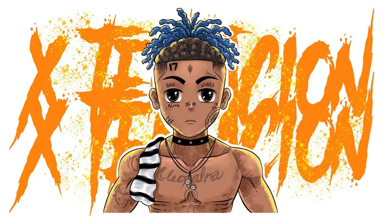 xxxtentacion 動畫 桌布 壁紙 — 一個風格化的動漫角色，擁有藍色辮子和紋身，站在大膽的橙色塗鴉背景前。