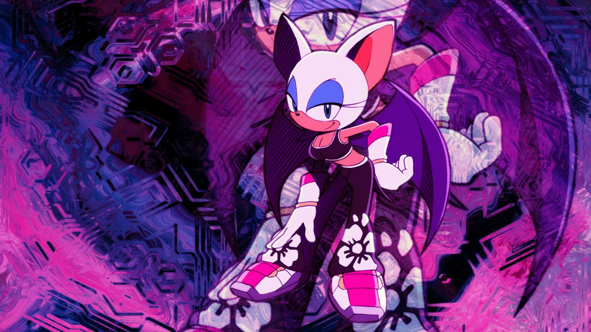Rouge The Bat 桌布 壁紙 — 一個風格化的動漫角色，擁有蝙蝠翅膀和粉紅色鞋子，自信地站在一個帶有故障效果的紫色和粉紅色數位背景前。