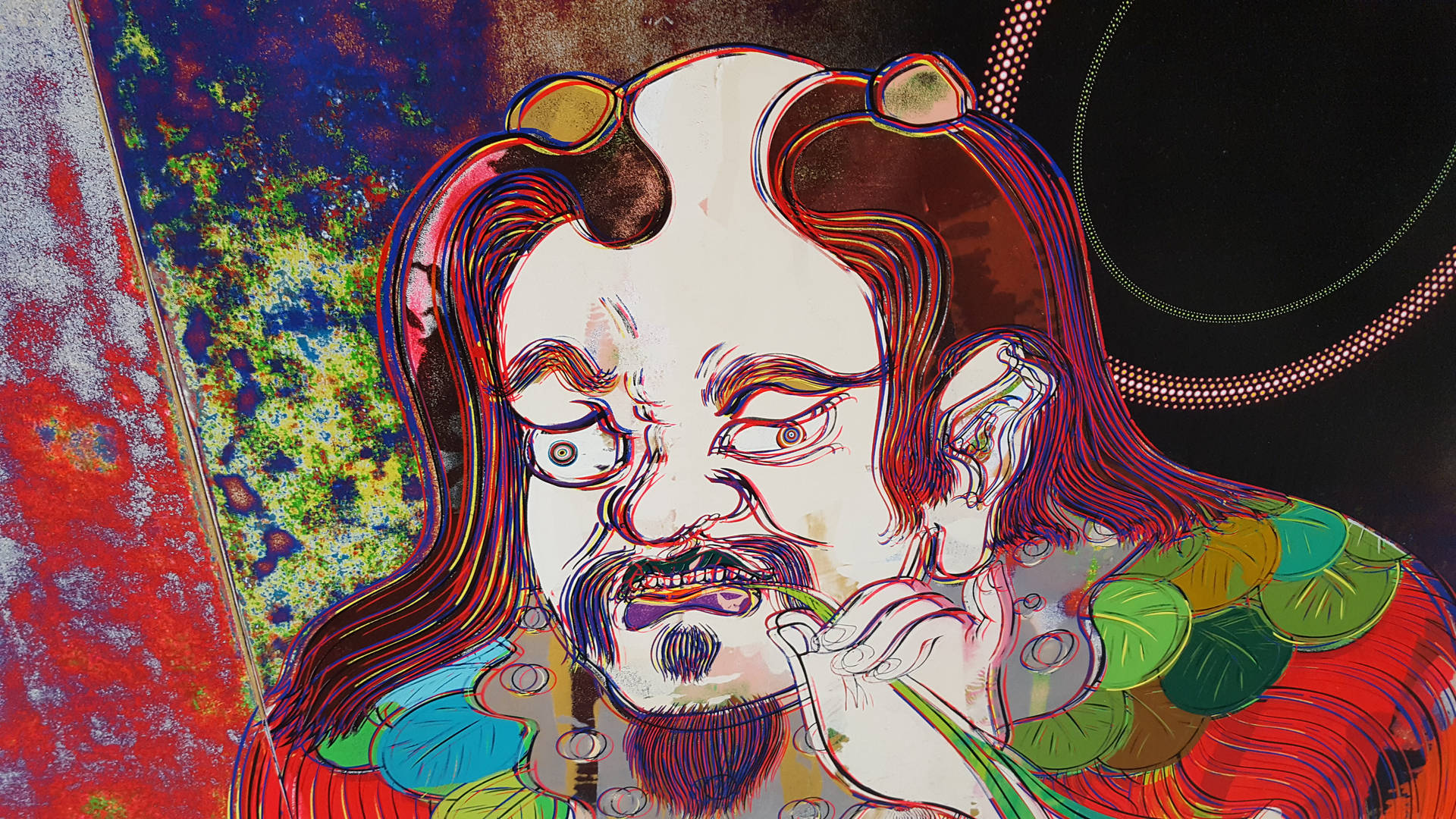 一個兇猛的動漫角色，帶有彩色輪廓和抽象背景。 — 4K 壁紙