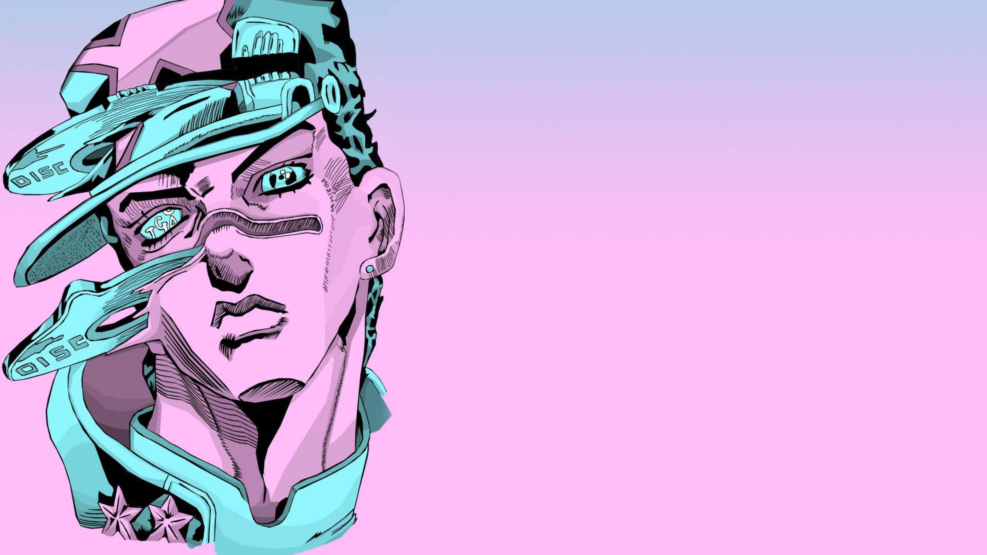 jojo 4K 桌布 壁紙 — 一個風格化的動漫角色，擁有賽博義眼和未來主義帽子，背景是柔和的粉紅色漸變。