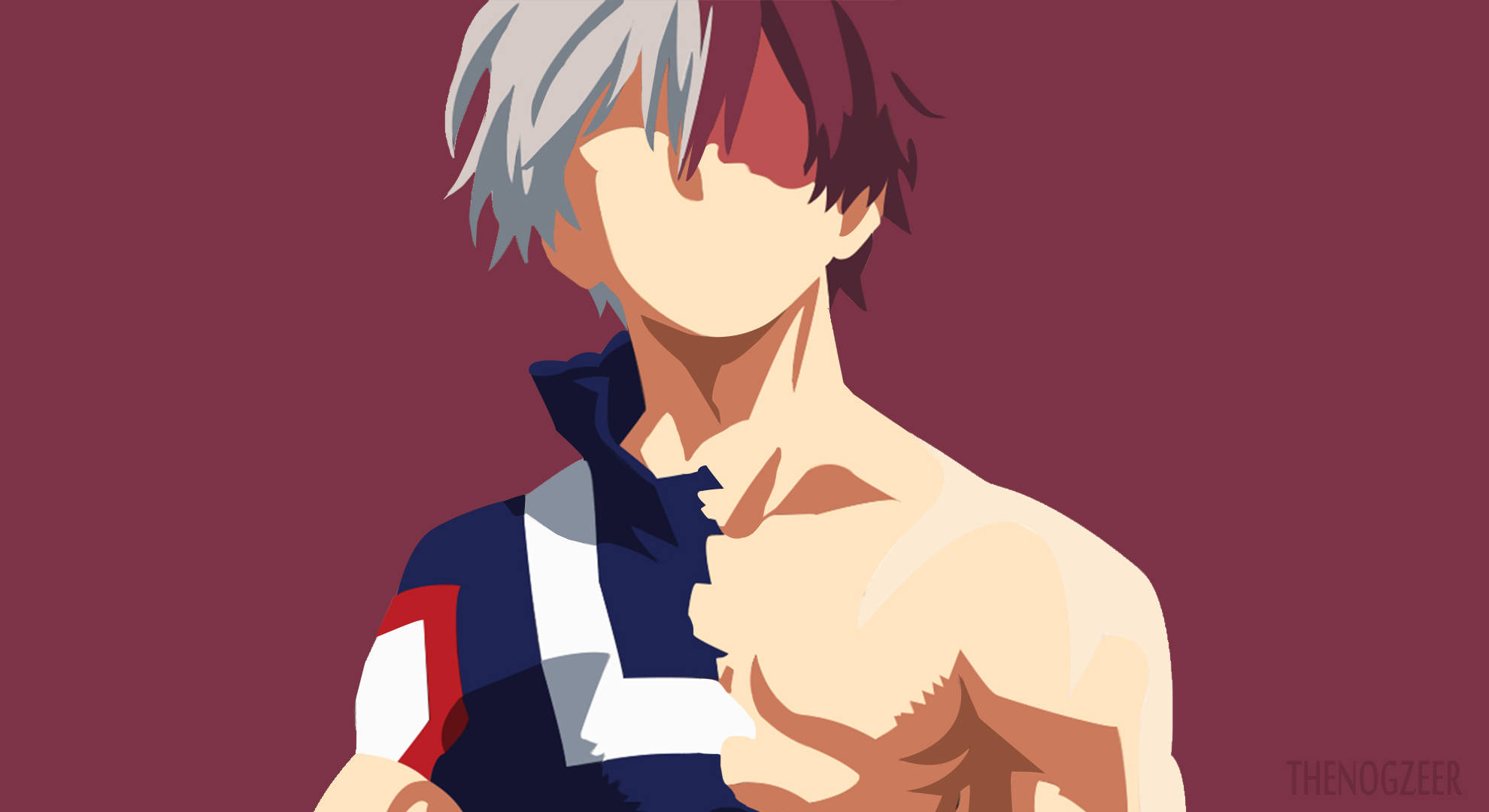 Todoroki Aesthetic 桌布 壁紙 — 一個風格化的動漫角色，擁有銀色和紅色頭髮，襯衫部分解開，背景為純栗色。