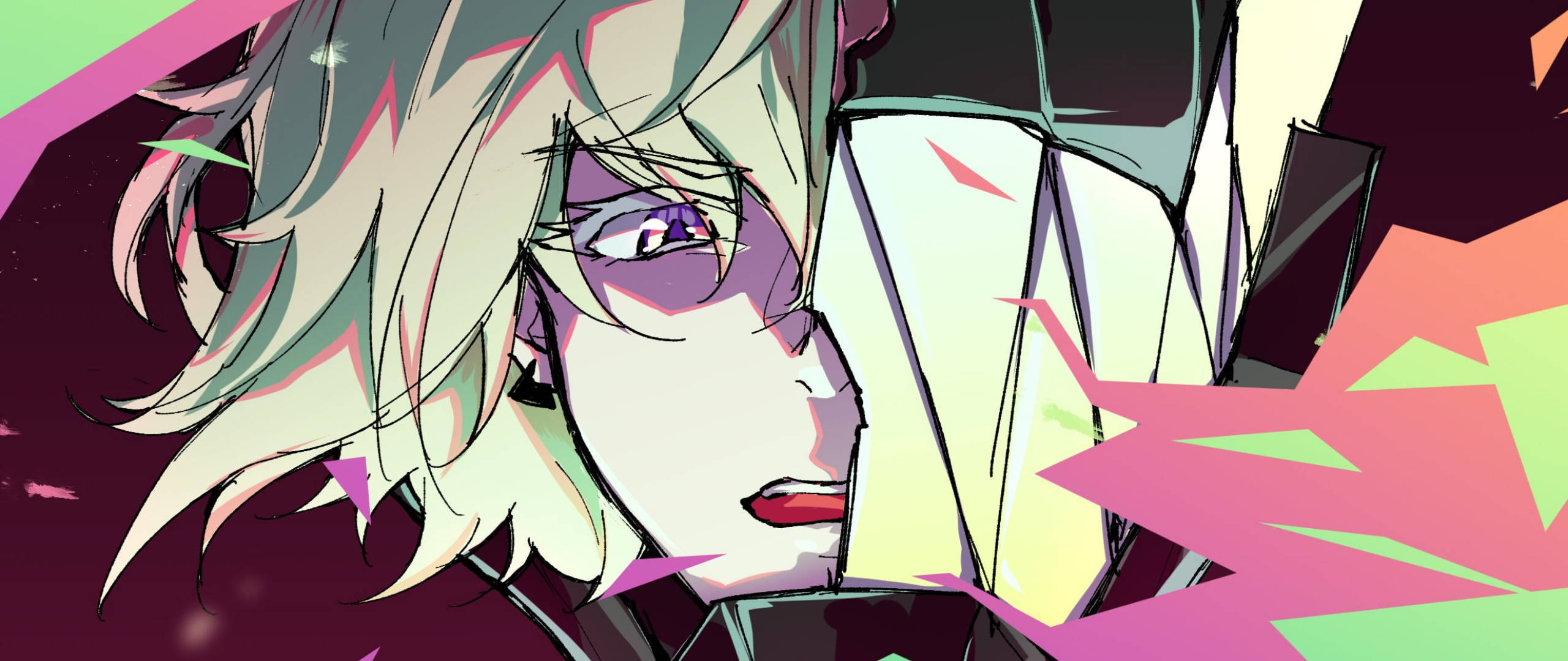 Promare 桌布 壁紙 — 一個風格化的動漫角色，擁有銀色頭髮和紫色眼睛，在充滿活力的抽象背景（粉紅色、綠色和深色調）中凝視著。