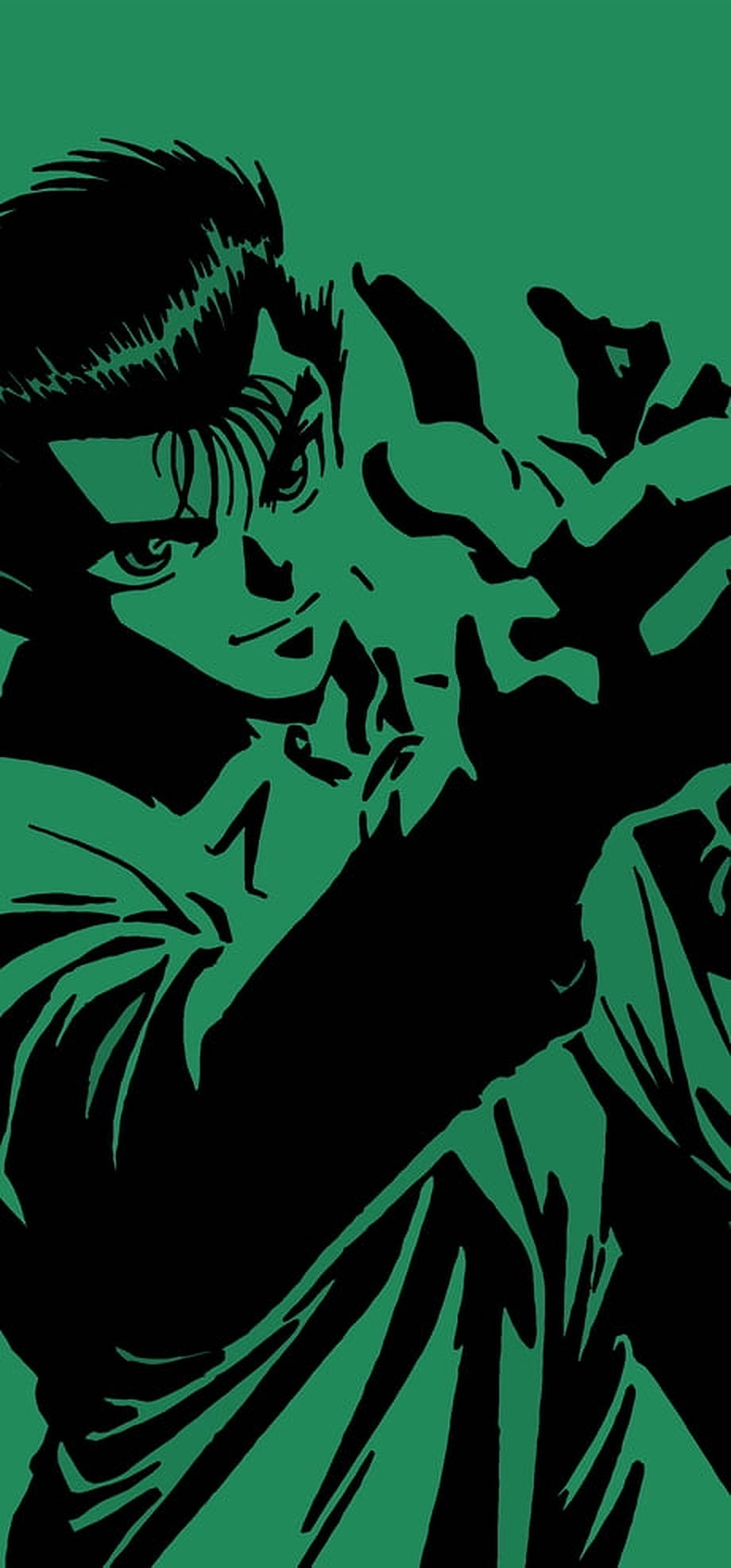 yuyu hakusho 桌布 壁紙 — 一個風格化的動漫角色，擁有銳利的眼神和舉起的拳頭，背景為純綠色。
