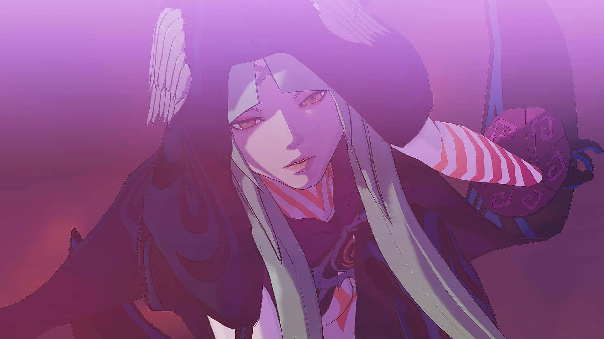 以紫色和粉紅色數位藝術風格呈現的銀髮紅眼動漫角色。 — Ps4 壁紙