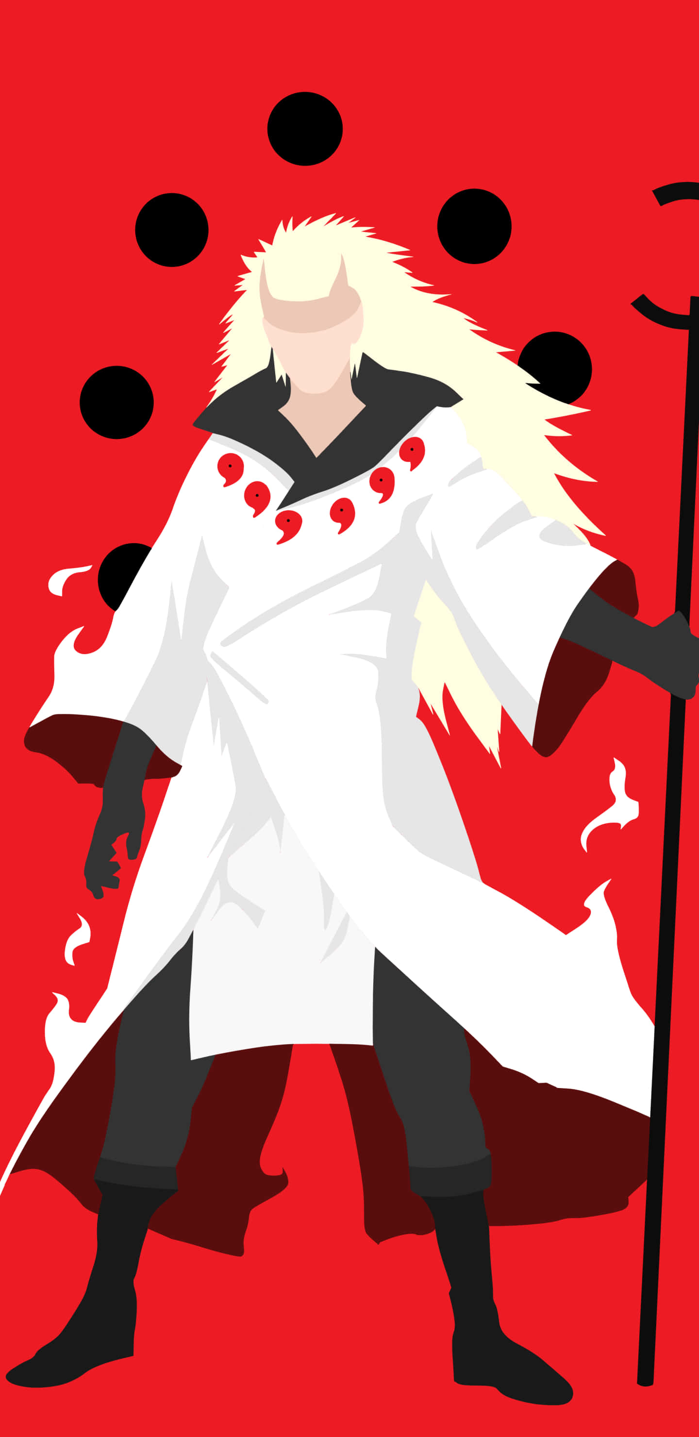Uchiha iPhone 桌布 壁紙 — 一個風格化的動漫角色，擁有長長的白髮和紅色標記，站在一個大膽的紅色背景前，背景中有漂浮的黑色球體。