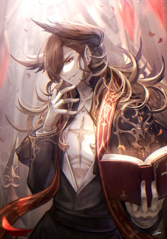 demon boy anime 桌布 壁紙 — 一個風格化的動漫角色，擁有長長的飄逸頭髮和尖耳朵，手持一本打開的書，在柔和發光的背景下沉思地凝視。