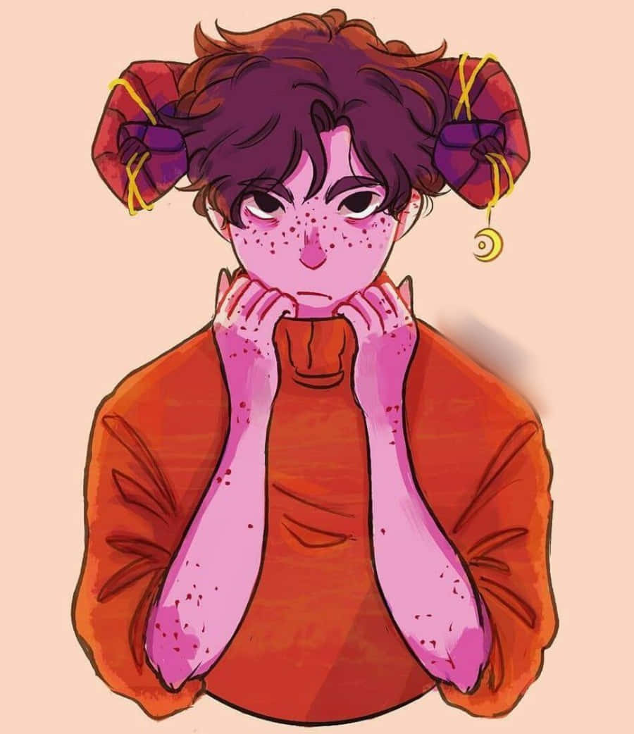 Aesthetic Drawings 桌布 壁紙 — 一個風格化的動漫角色，擁有雀斑粉紅色皮膚和紫色雙馬尾，穿著橙色毛衣，下巴擱在手上。