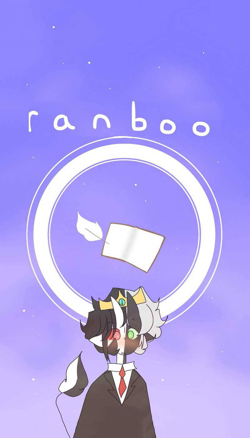 Ranboo 桌布 壁紙 — 一個風格化的動漫角色，擁有雙色頭髮和眼睛，站在發光的環下，手持樹葉和書本，背景是繁星點點的紫色天空。