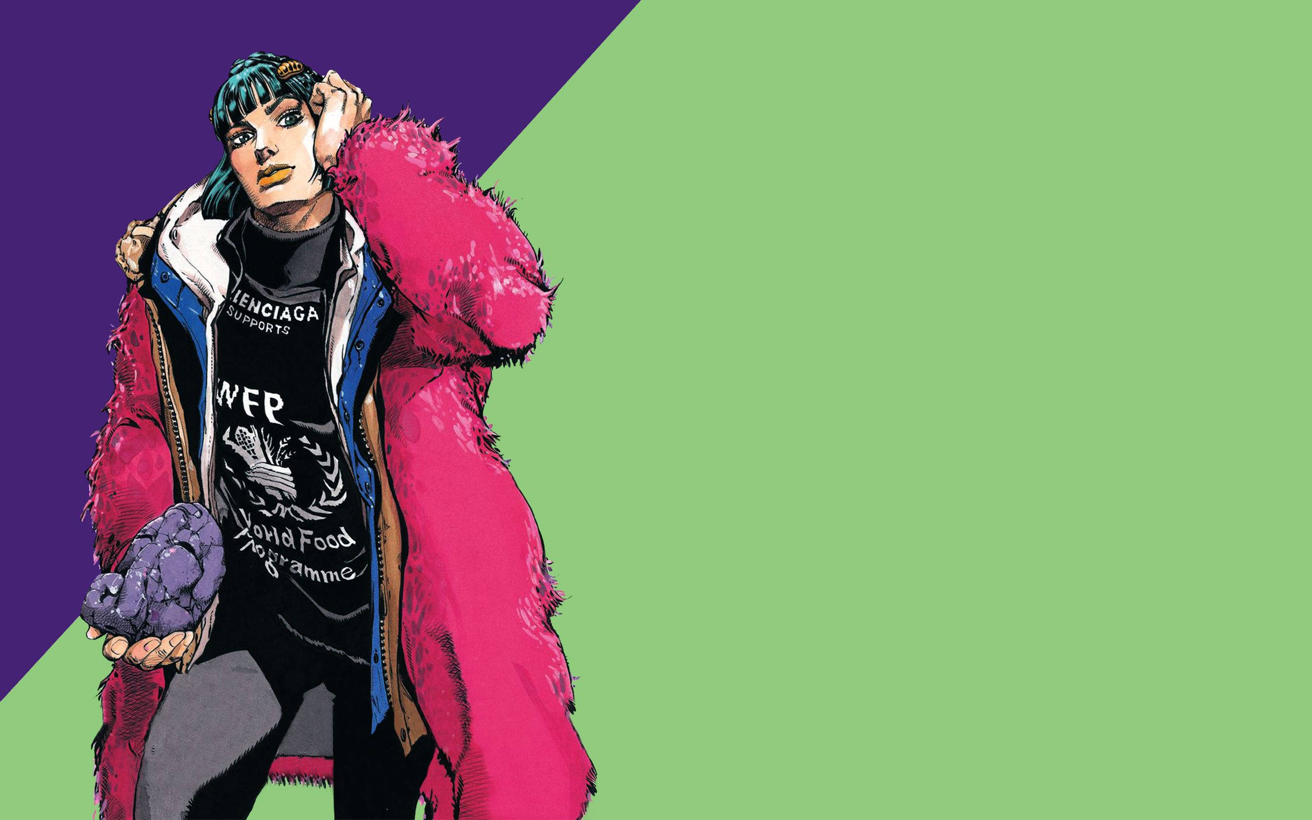 Jojo 桌布 壁紙 — 一個風格化的動漫角色，擁有青綠色頭髮，穿著粉紅色毛皮大衣，手持紫色岩石，背景為紫色和綠色分割。