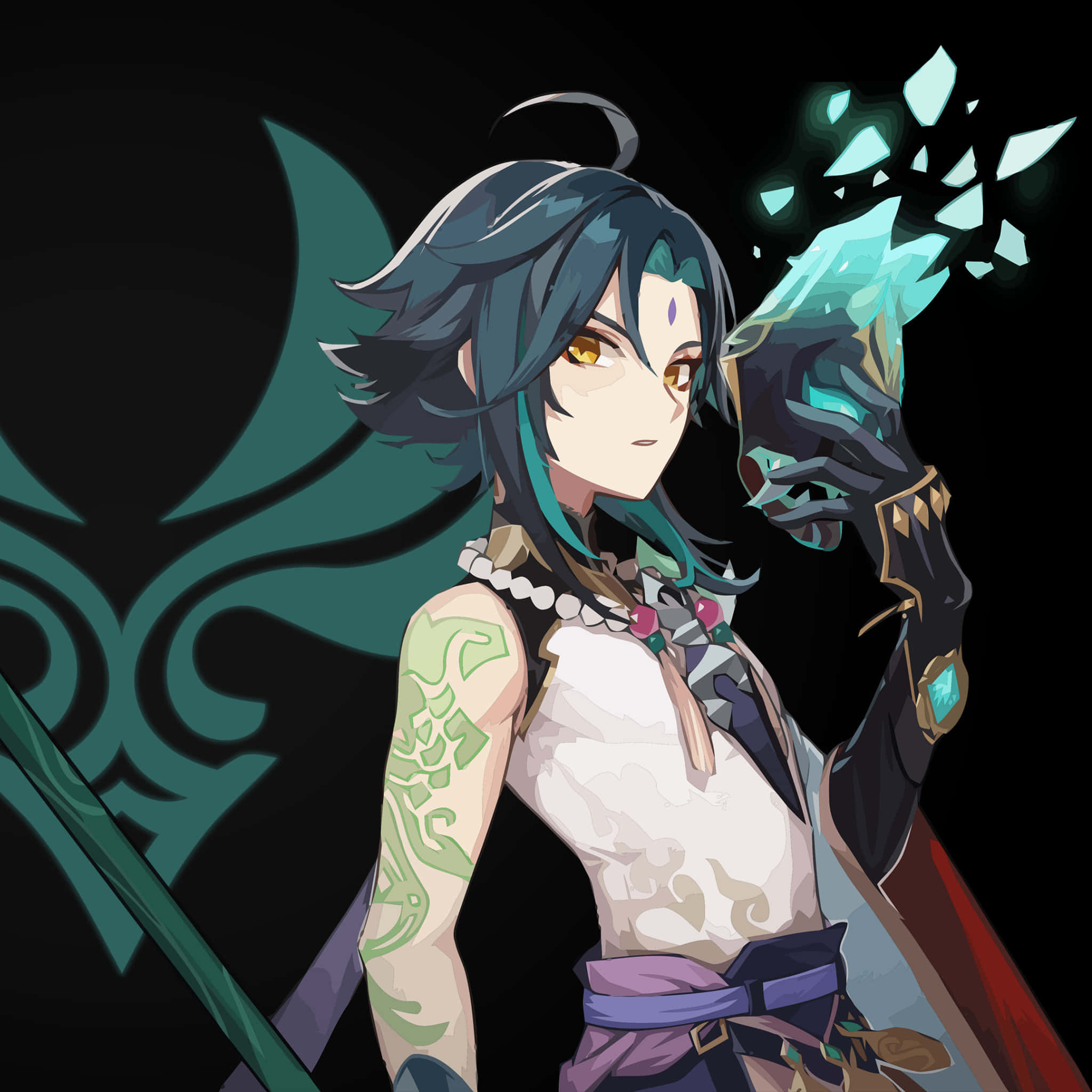 Genshin 桌布 壁紙 — 一個風格化的動漫角色，擁有青綠色頭髮和發光的眼睛，在帶有華麗青綠色圖案的深色背景前握著一個破碎的水晶。