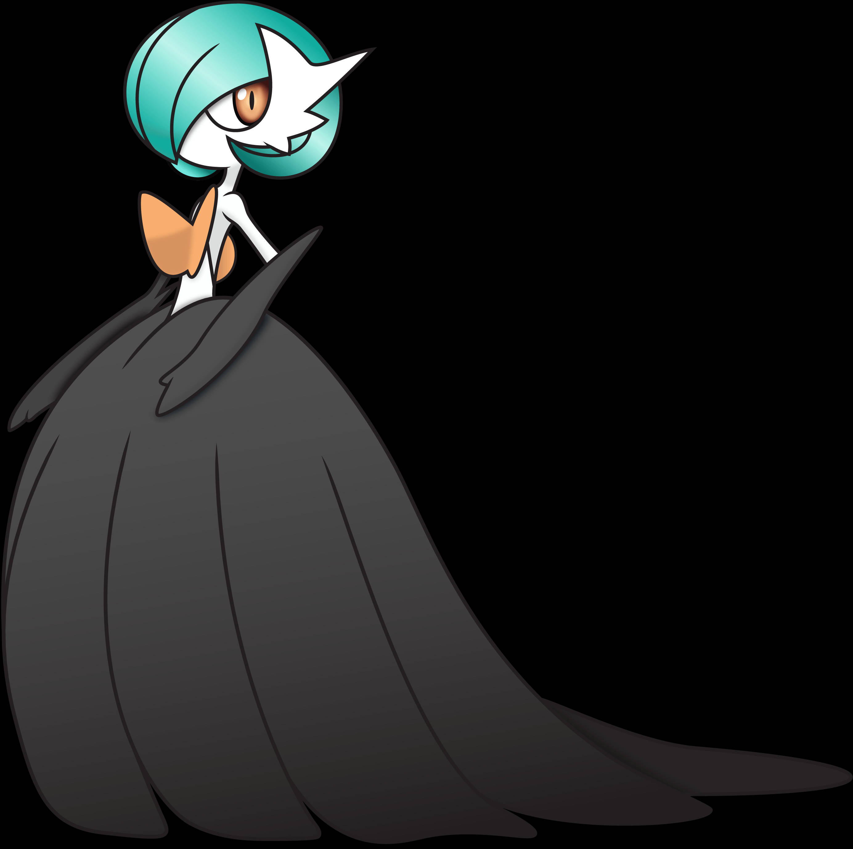 Gardevoir 桌布 壁紙 — 一個風格化的動漫角色，擁有青色頭髮和長長的深色斗篷，站在黑色背景前。