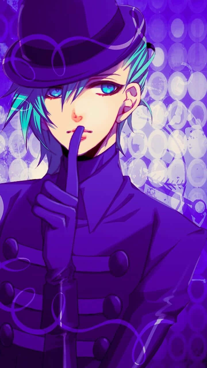 Cute Boy Anime 桌布 壁紙 — 一個風格化的動漫角色，擁有青色頭髮和藍色眼睛，穿著紫色帽子和外套，在發光的紫色氣泡背景前將手指放在嘴唇上。