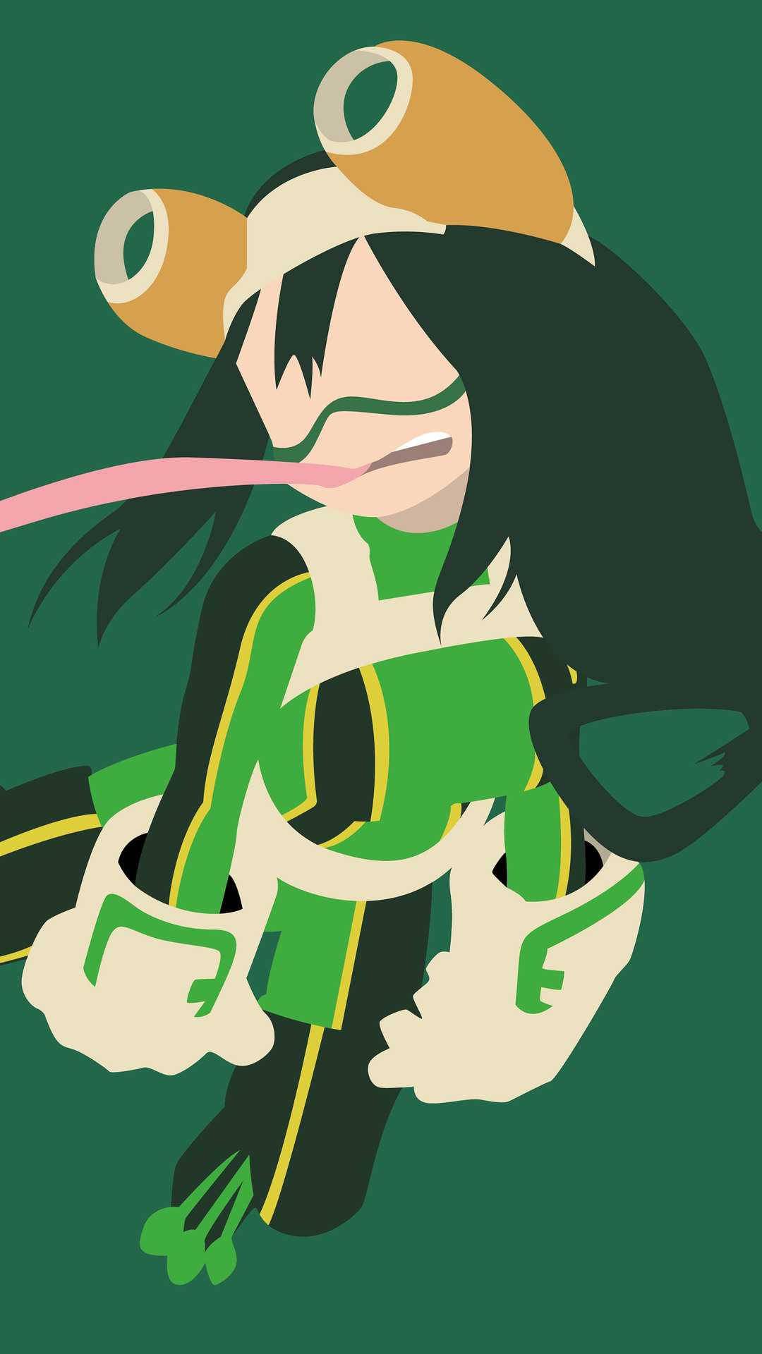 Froppy 桌布 壁紙 — 一個風格化的動漫角色，擁有青蛙般的耳朵和長舌頭，穿著綠色和黑色的服裝，背景為純綠色。