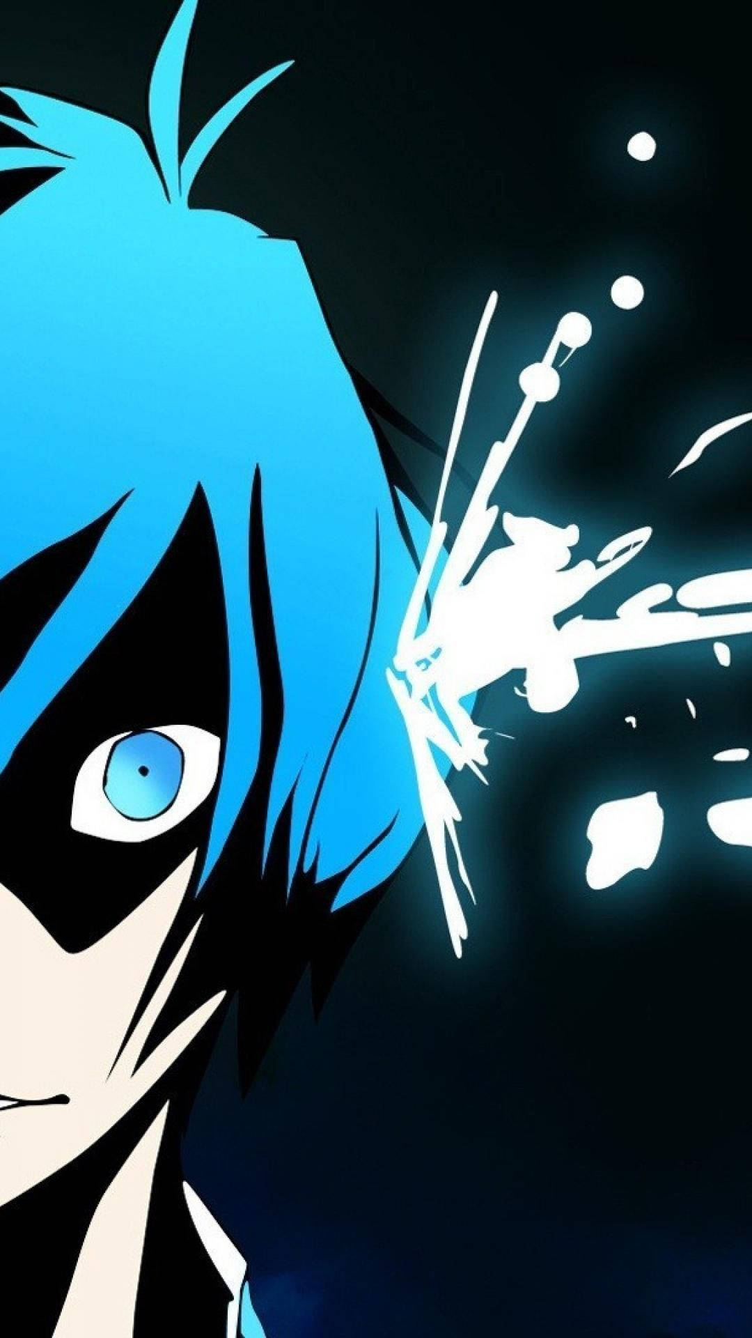 Persona 3 桌布 壁紙 — 一個風格化的動漫角色，擁有鮮豔的藍色頭髮和眼睛，在黑暗背景下散發出發光的白色能量。