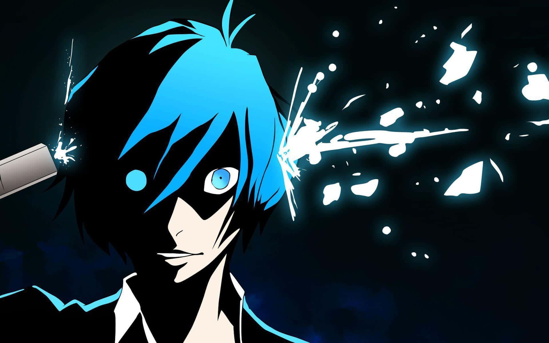 Anime Gaming 桌布 壁紙 — 一個風格化的動漫角色，擁有鮮豔的藍色頭髮和發光的眼睛，直視前方，白色能量碎片從他的頭部爆炸開來，背景為深色。