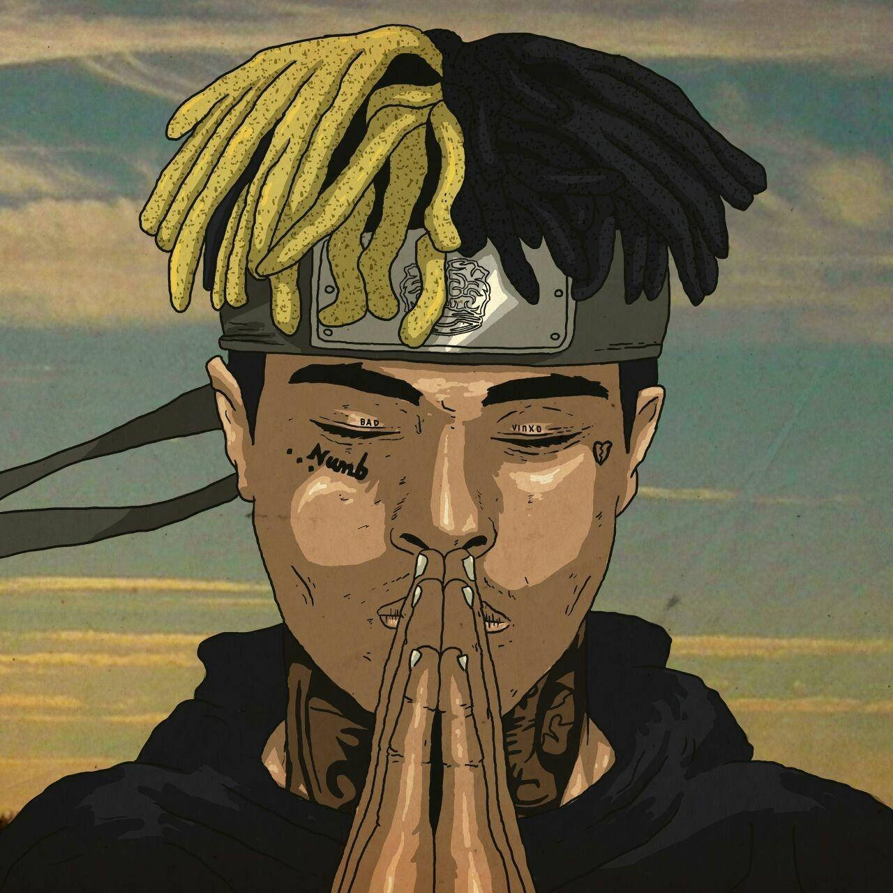 Xxxtentacion And Juice Wrld 桌布 壁紙 — 一個風格化的動漫角色，擁有黃色和黑色的辮子，戴著頭帶，在陰雲密布的天空下合十祈禱。