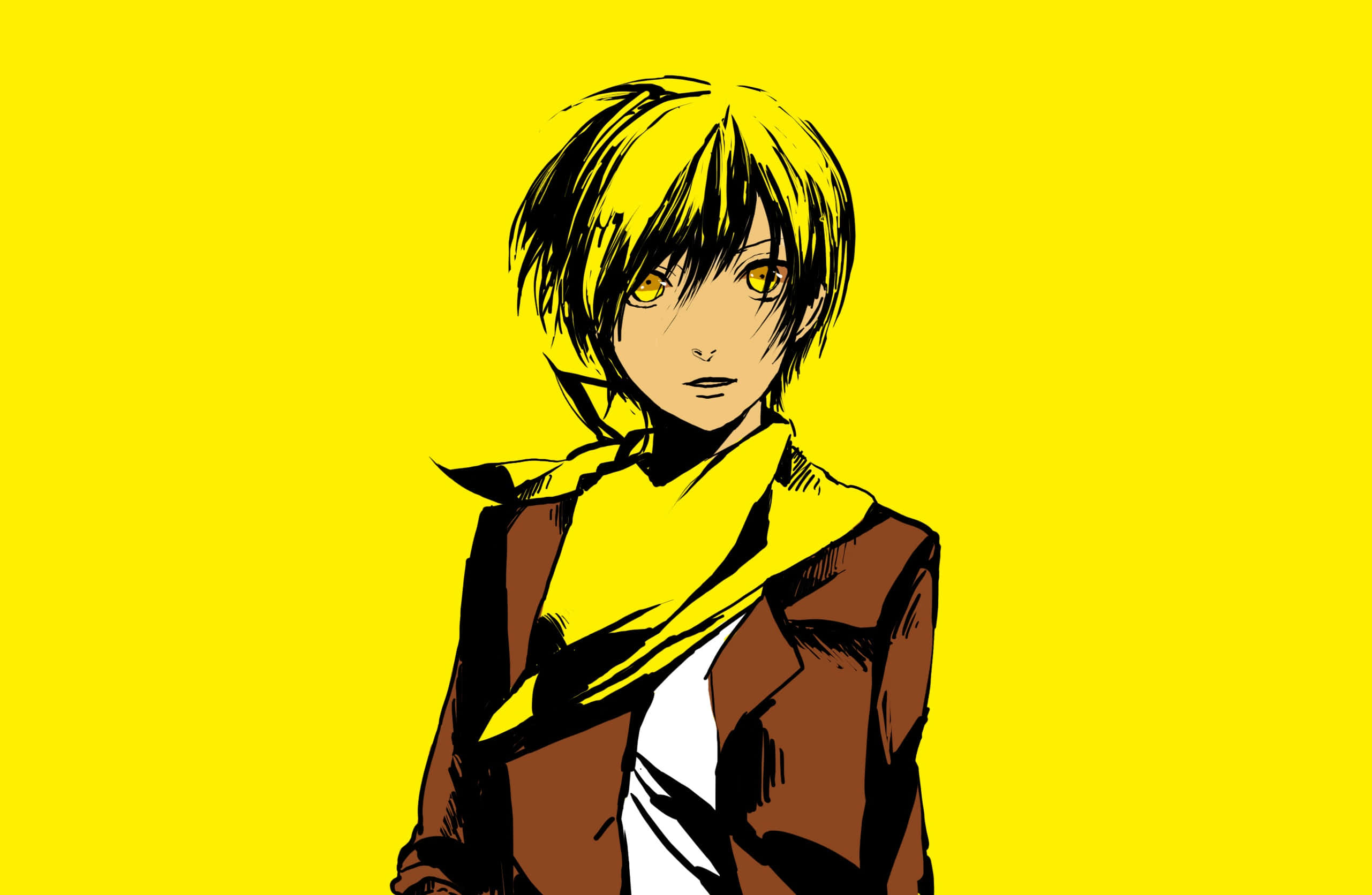 Masaomi Kida 桌布 壁紙 — 一個風格化的動漫角色，擁有黃色頭髮和眼睛，站在鮮黃色背景前，穿著棕色外套和圍巾。