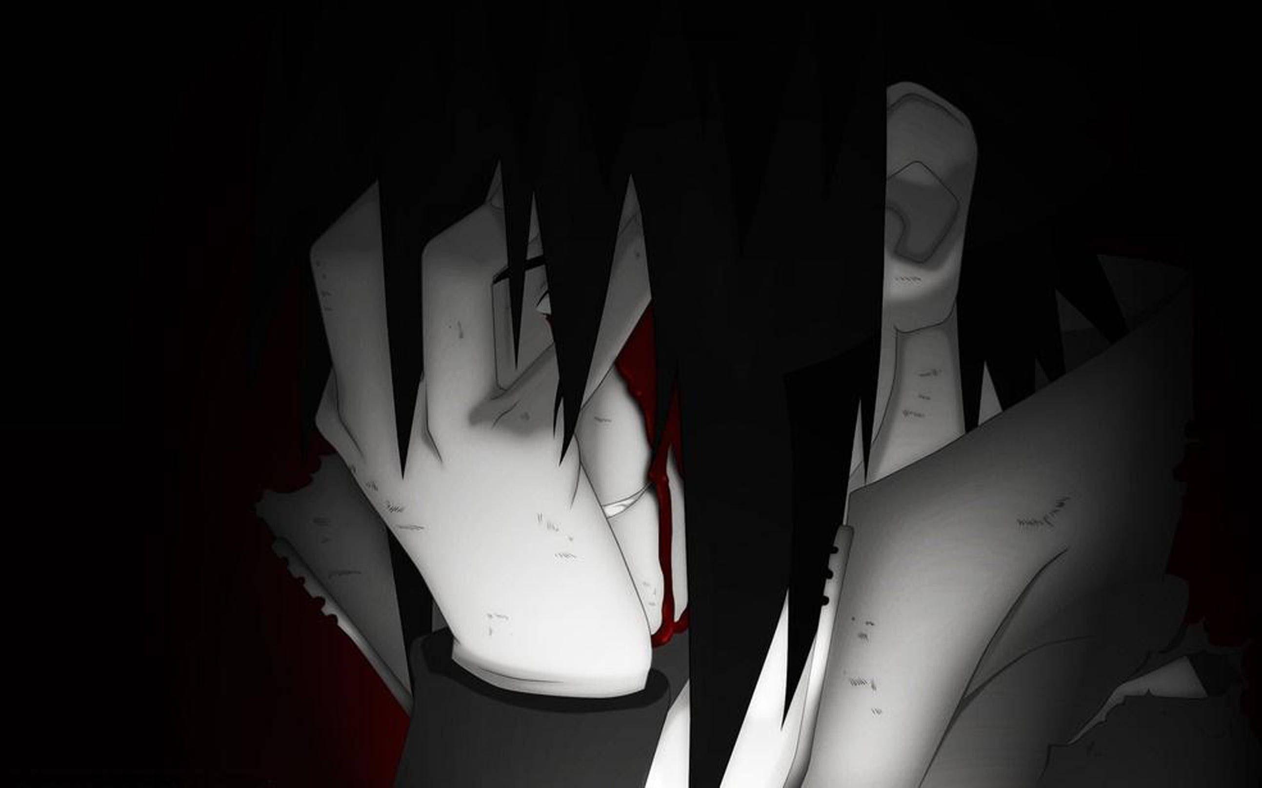Black And White Anime Boy 桌布 壁紙 — 一個風格化的動漫角色，擁有黑色尖刺頭髮和白色皮膚上的紅色標記，從黑暗中浮現。