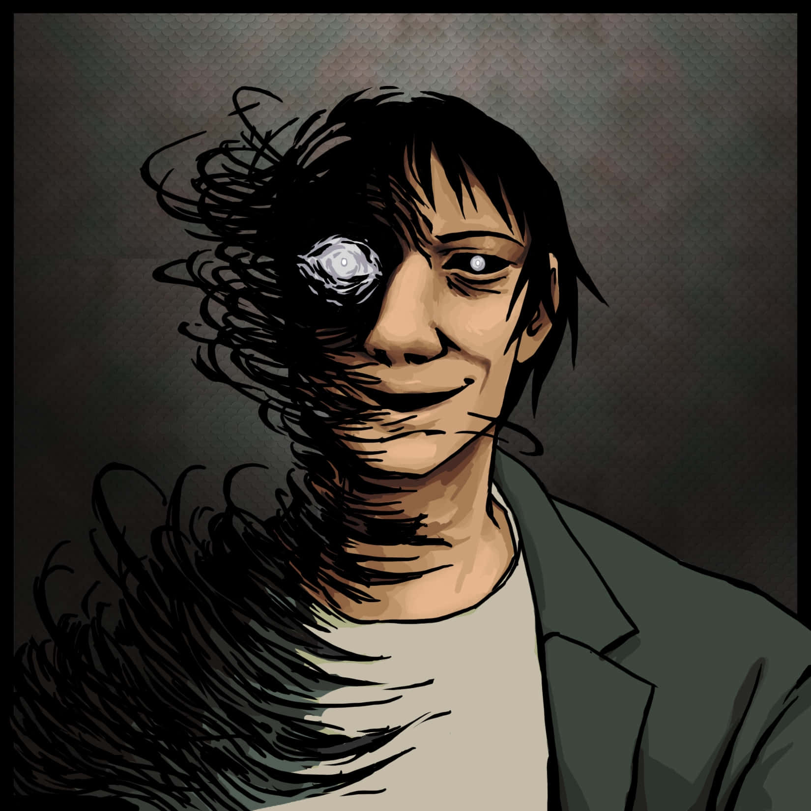 Keiji Mogami 桌布 壁紙 — 一個風格化的動漫角色，有一隻發光的眼睛和從臉上湧出的旋轉黑色觸手，背景是深色紋理。