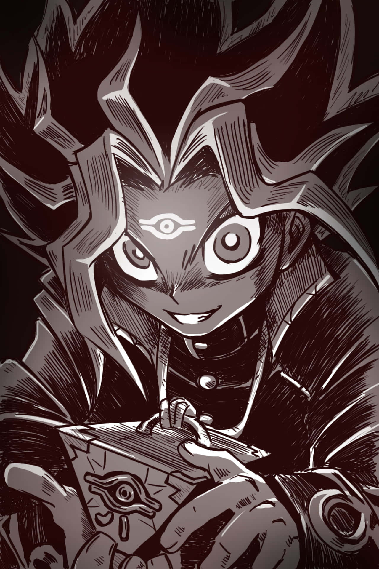 Yugi Muto 桌布 壁紙 — 一個風格化的動漫角色，有尖刺頭髮和額頭上的眼睛符號，手持一張帶有眼睛設計的卡片，呈現戲劇性的單色插圖。