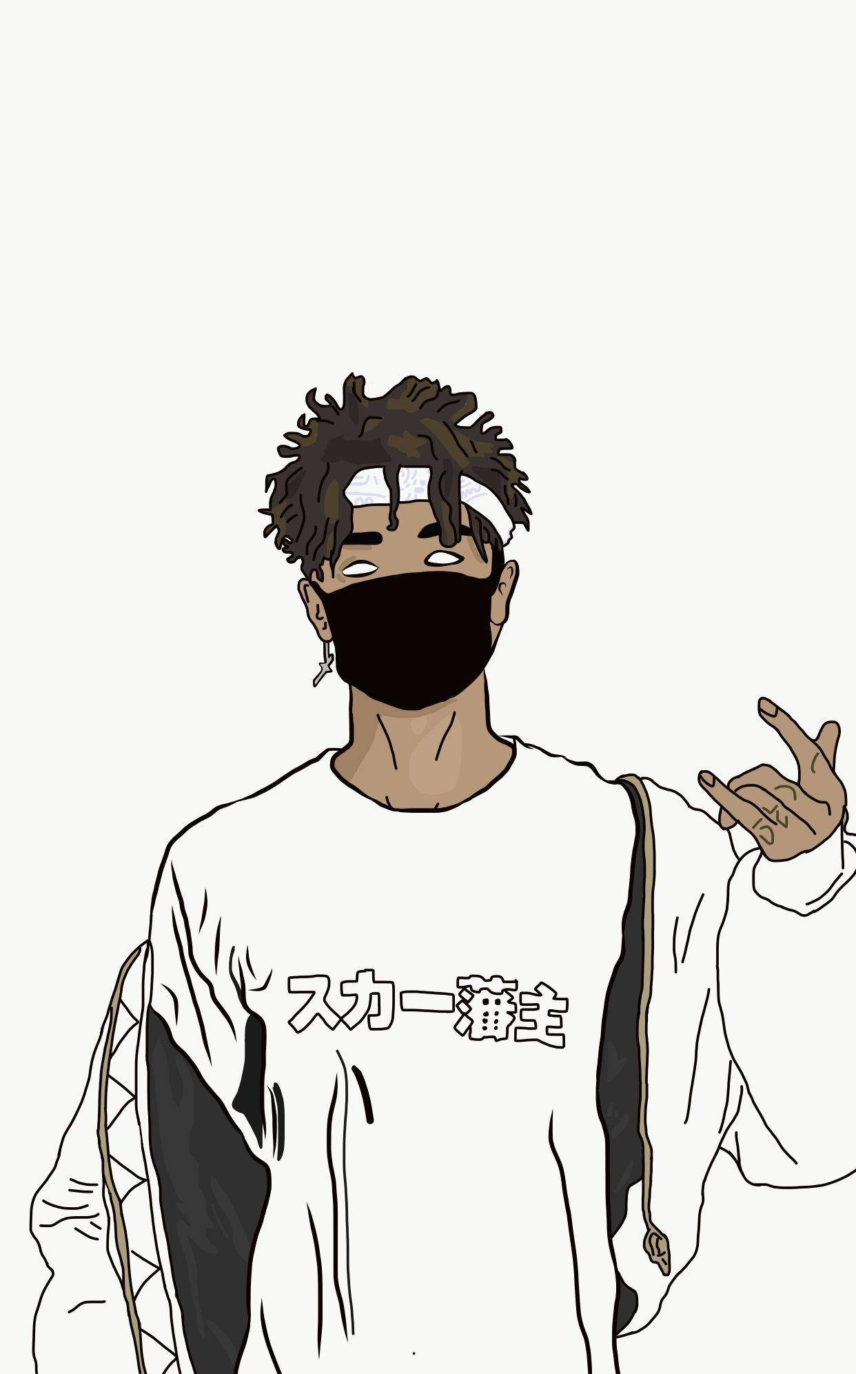 Scarlxrd 桌布 壁紙 — 一個風格化的動漫角色，有捲曲頭髮和口罩，穿著帶有日文字的白襯衫，做出手勢。