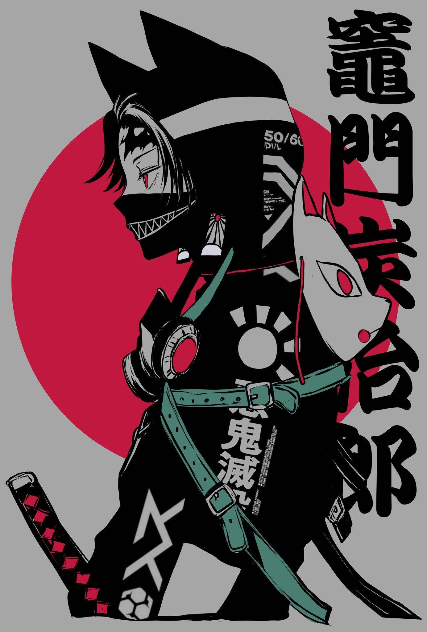 Anime Samurai 桌布 壁紙 — 一個風格化的動漫角色，有狼耳朵和武士刀，站在灰色背景上的紅太陽前，帶有日文字。