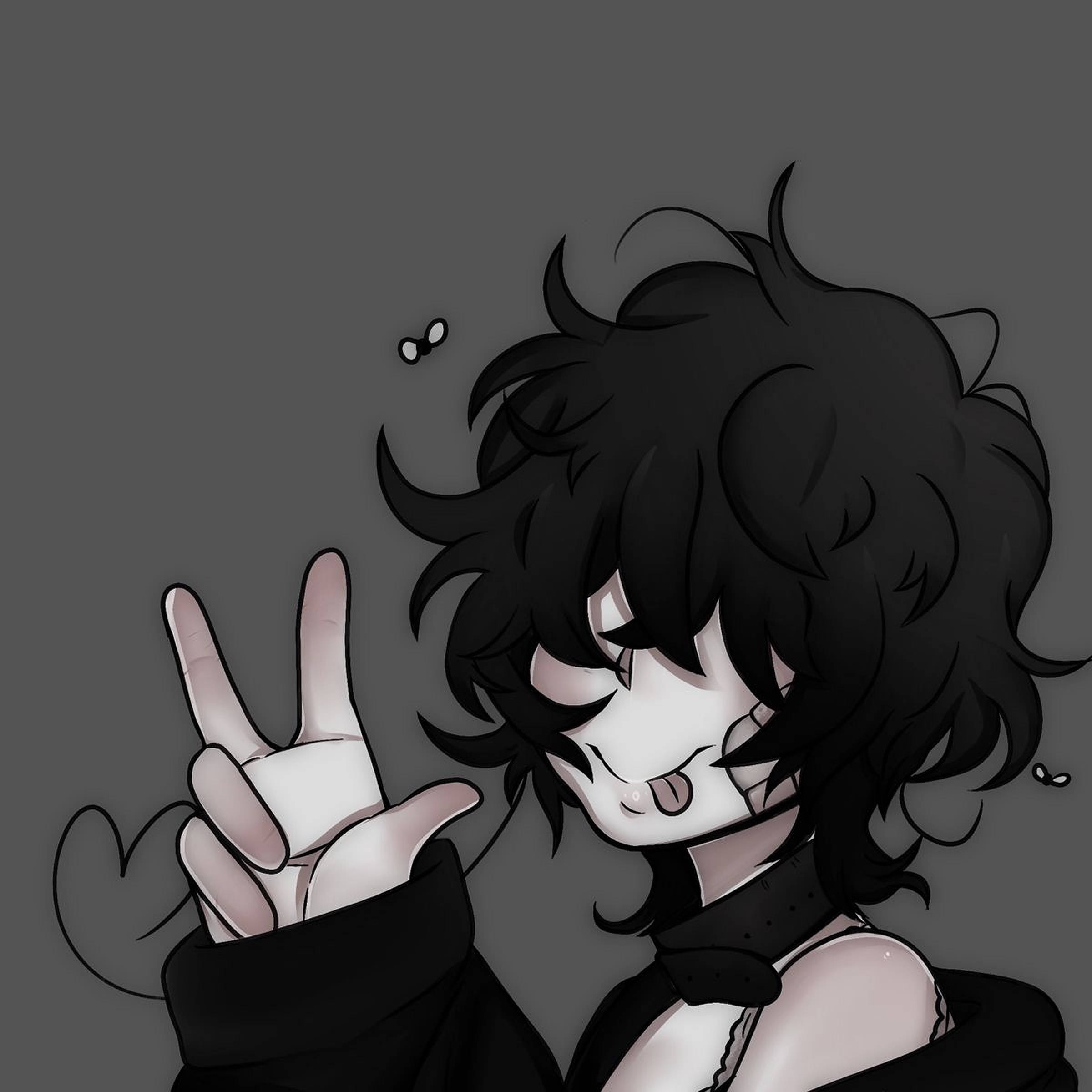 emo 頭像 桌布 壁紙 — 一個風格化的動漫角色，有著凌亂的黑髮和頑皮的微笑，在純灰色背景前比出和平手勢。