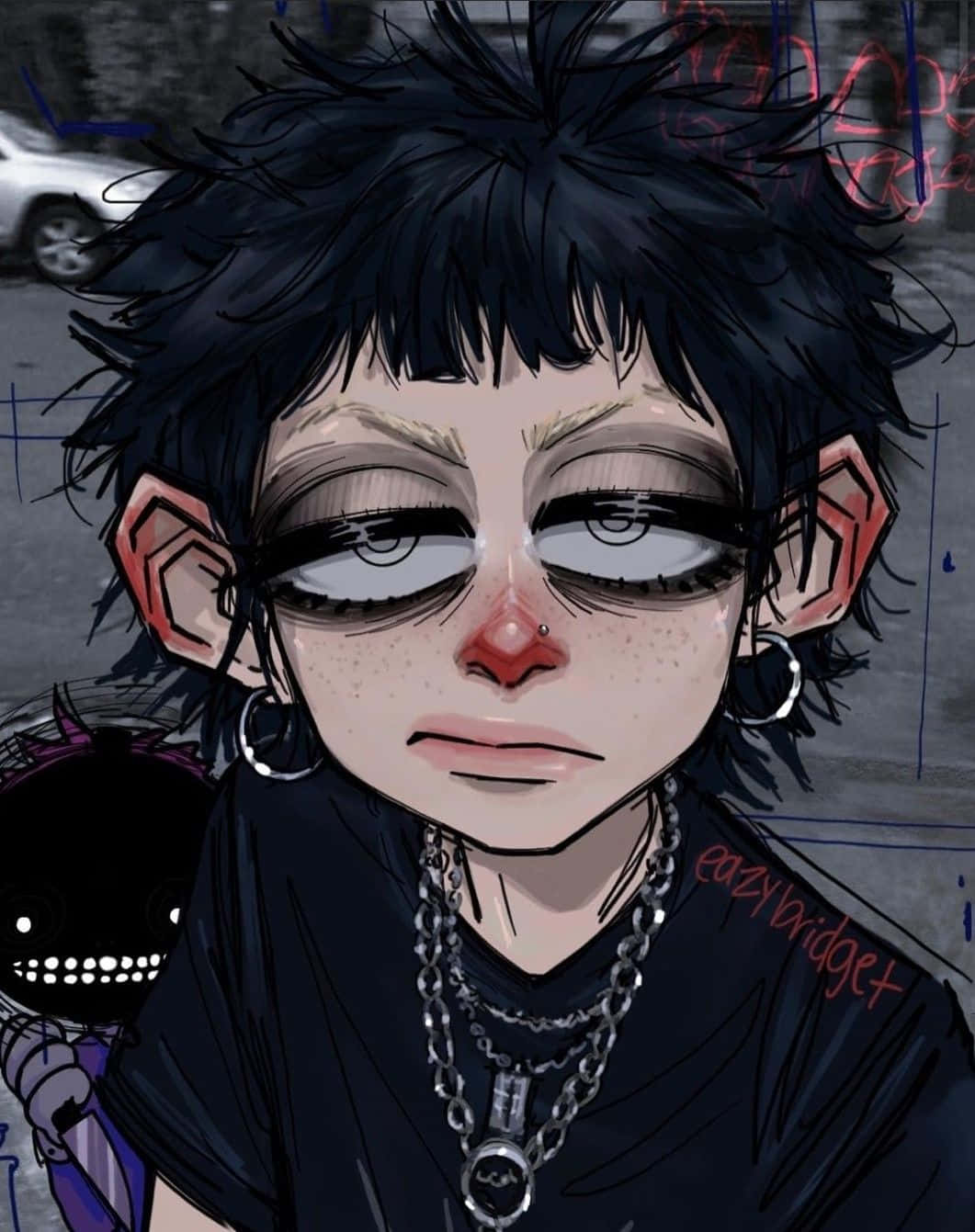 Grunge Cartoon 桌布 壁紙 — 一個風格化的動漫角色，有著凌亂的黑髮和多個穿孔，正凝視著並抱著一個黑色小生物。