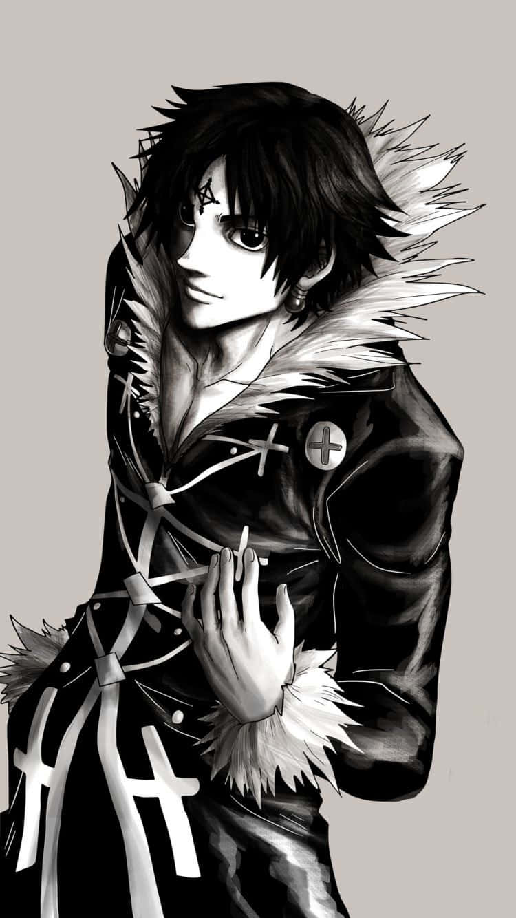 Hunter X Hunter Phone 桌布 壁紙 — 一個風格化的動漫角色，有著尖刺的黑髮和毛領外套，在純灰色背景前拿著一支香煙。