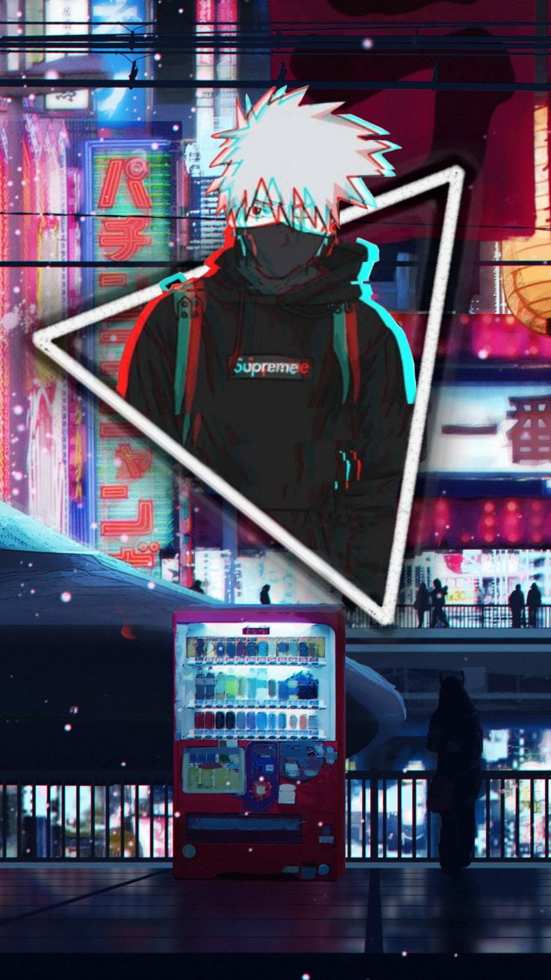 supreme aesthetic 桌布 壁紙 — 一個風格化的動漫角色，有著尖刺的白髮和面具，站在發光的霓虹三角形中，背景是充滿活力的賽博龐克城市景觀，下方有一個紅色自動販賣機。