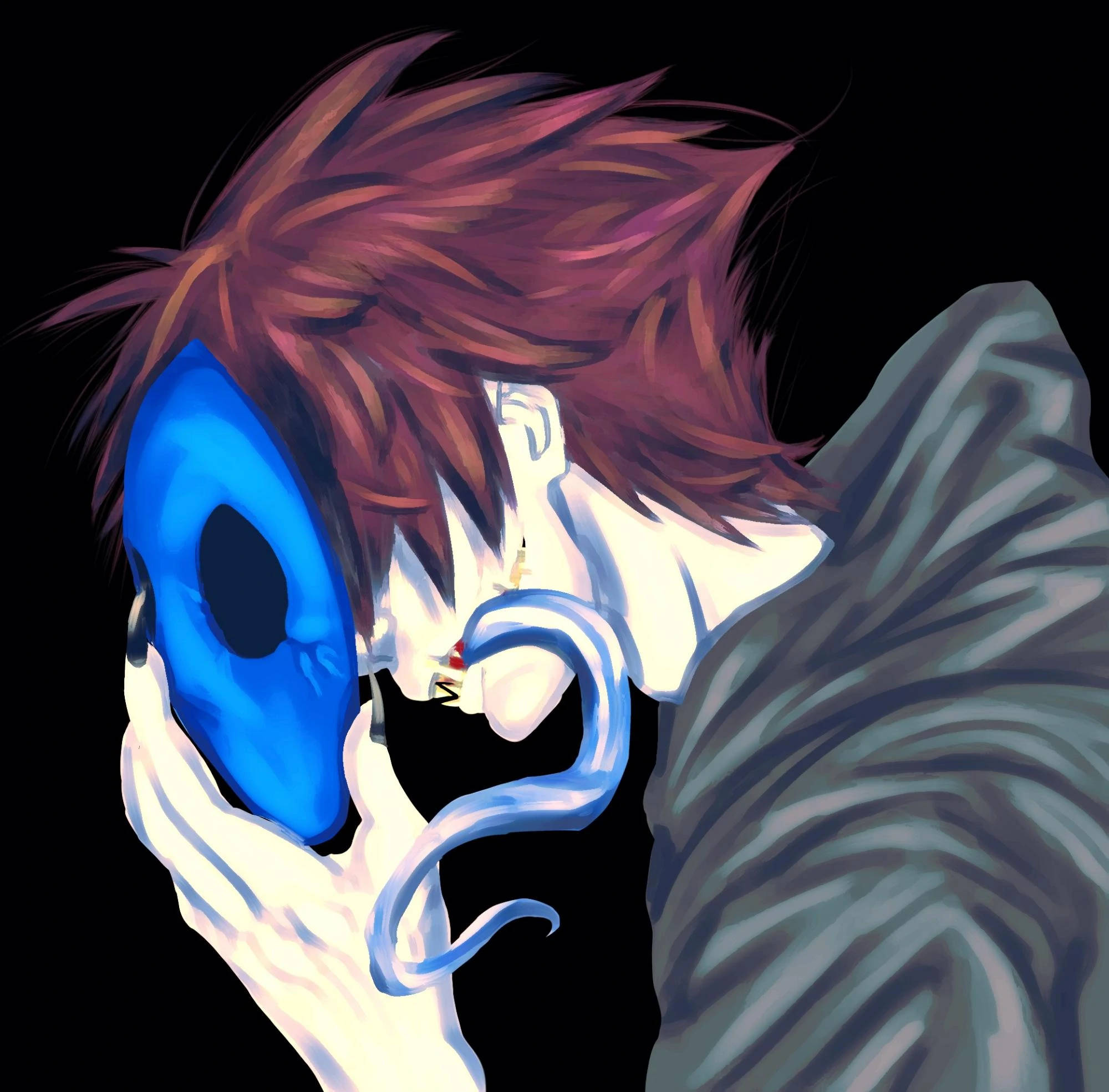 Eyeless Jack 桌布 壁紙 — 一個風格化的動漫角色，有著尖刺的紅髮，在黑色背景前將發光的藍色面具貼在臉上。